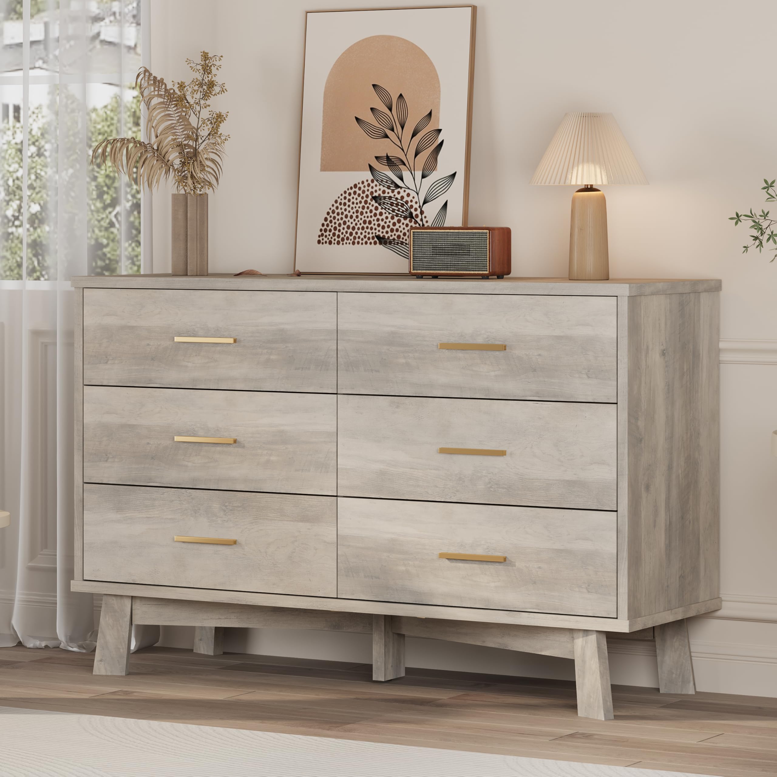 Dresser for Bedroom, 6 Drawer Wide Modern Chest of Drawers with X-Shaped Sturdy Base, Wood Double Dresser Closet Clothes Storage