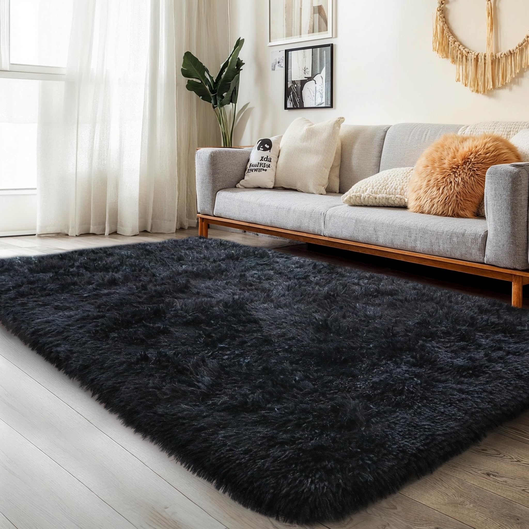 Kchowua Black Rug For Bedroom Fluffy Rug 4X6 Rug For Living Room Thick Machine Washable Plush Carpet For College Dorm Soft Shag
