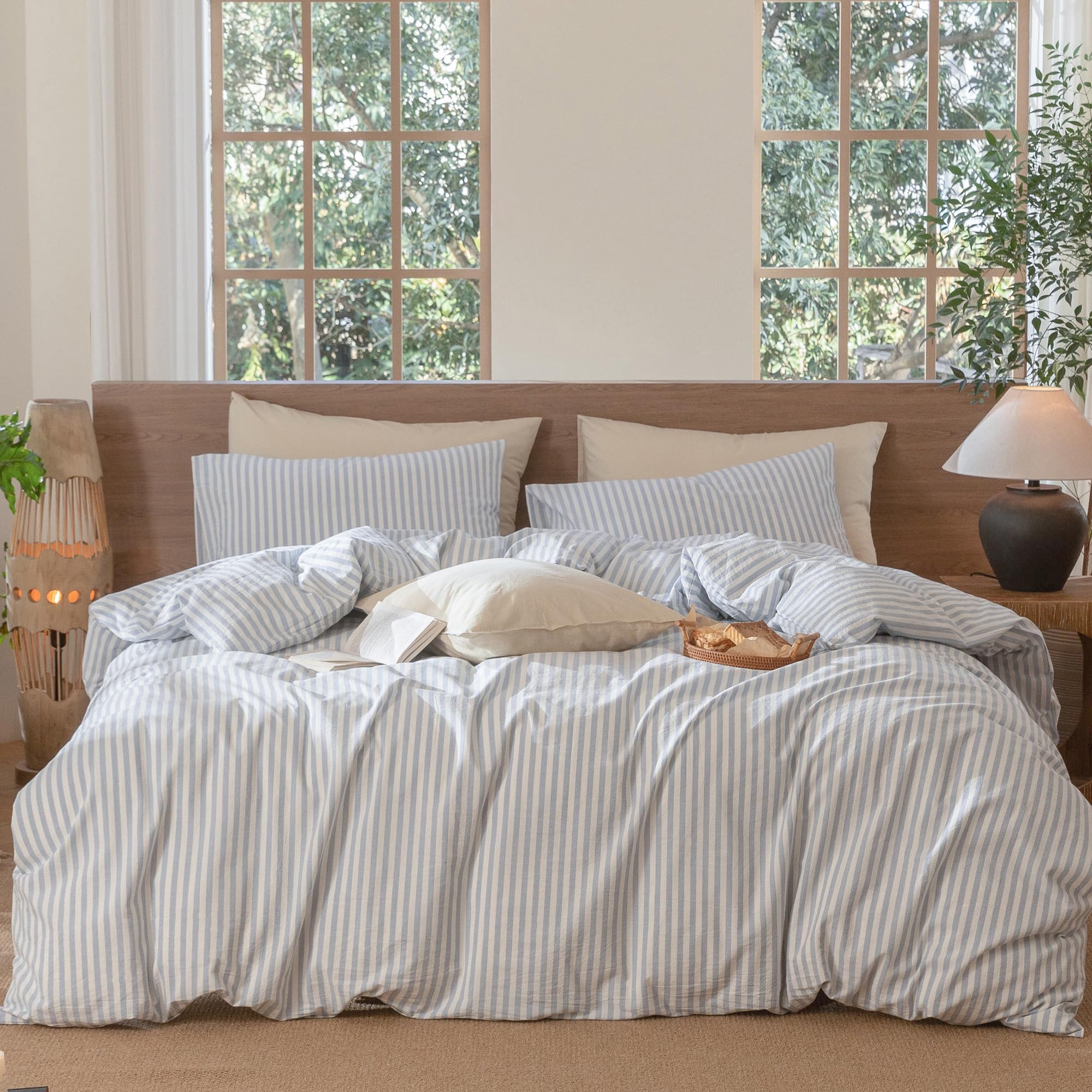 Moomee Striped Duvet Cover Set 100% Washed Cotton Linen Like Textured Breathable Durable Soft Comfy (Tannish Linen Grey White Cl