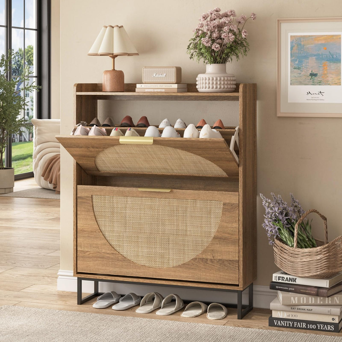 Maupvit Rattan Shoe Storage Cabinet with 2 Flip Drawers, Freestanding Shoe Organizer with Metal Legs for Entryway, Hidden Golden