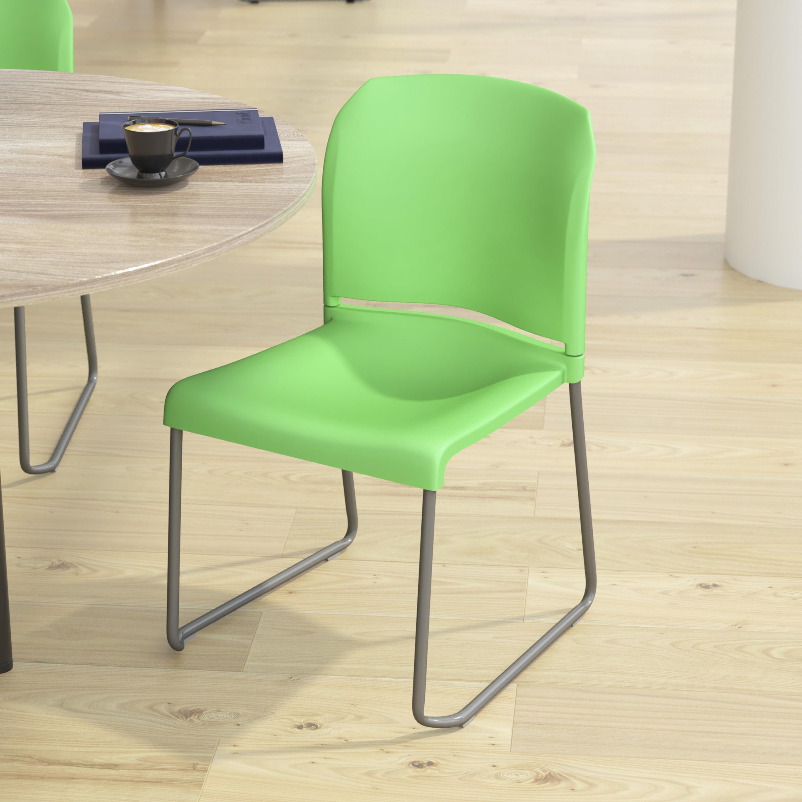 Flash Furniture Hercules Series 880 lb. Capacity Green Full Back Contoured Stack Chair with Gray Powder Coated Sled Base
