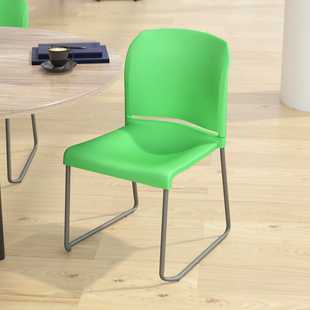 Flash Furniture Hercules Series 880 lb. Capacity Green Full Back Contoured Stack Chair with Gray Powder Coated Sled Base