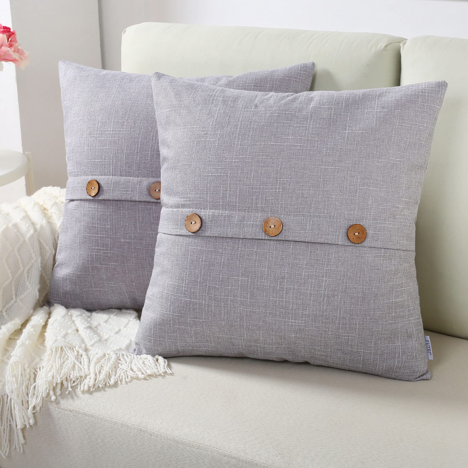 Futei Light Grey Linen Decorative Throw Pillow Covers 24X24 Inch Set Of 2, Euro Square Cushion Case With Vintage Button/Zipper,M