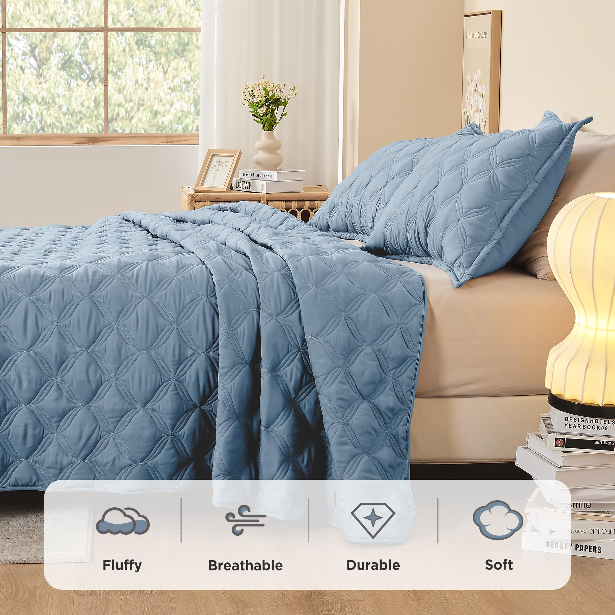 Litanika Oversized King Quilt Bedding Set, 128X120 Inch Super King Grayish Blue Comforter Bedspreads Lightweight Bed Coverlets B
