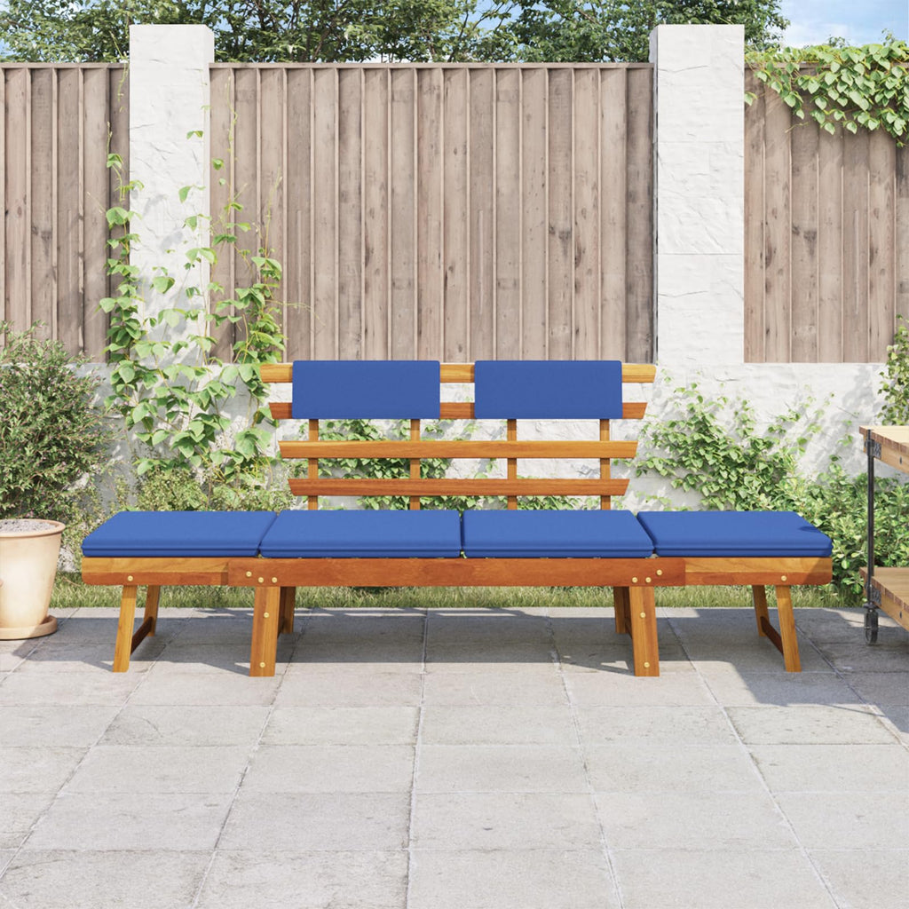 vidaXL Convertible Patio Bench and Day Bed with Blue Cushions - Solid Acacia Wood - Outdoor 2-in-1 Furniture - Garden Deck, Lawn, Backyard Seating, and Lying Comfort