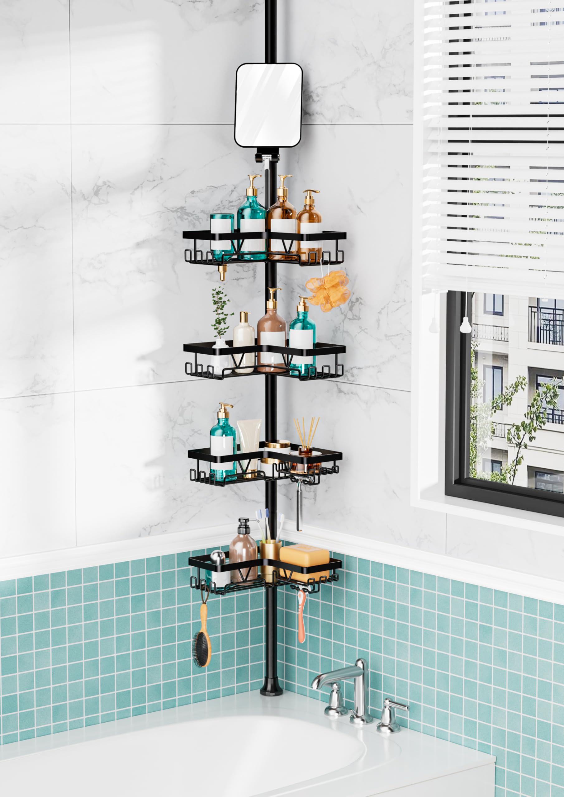 KEGII Shower Caddy Tension Pole - Adjustable Rustproof Corner Bathroom Organizer with Fogless Shower Mirror, 25-114.2 Inch No-Dr