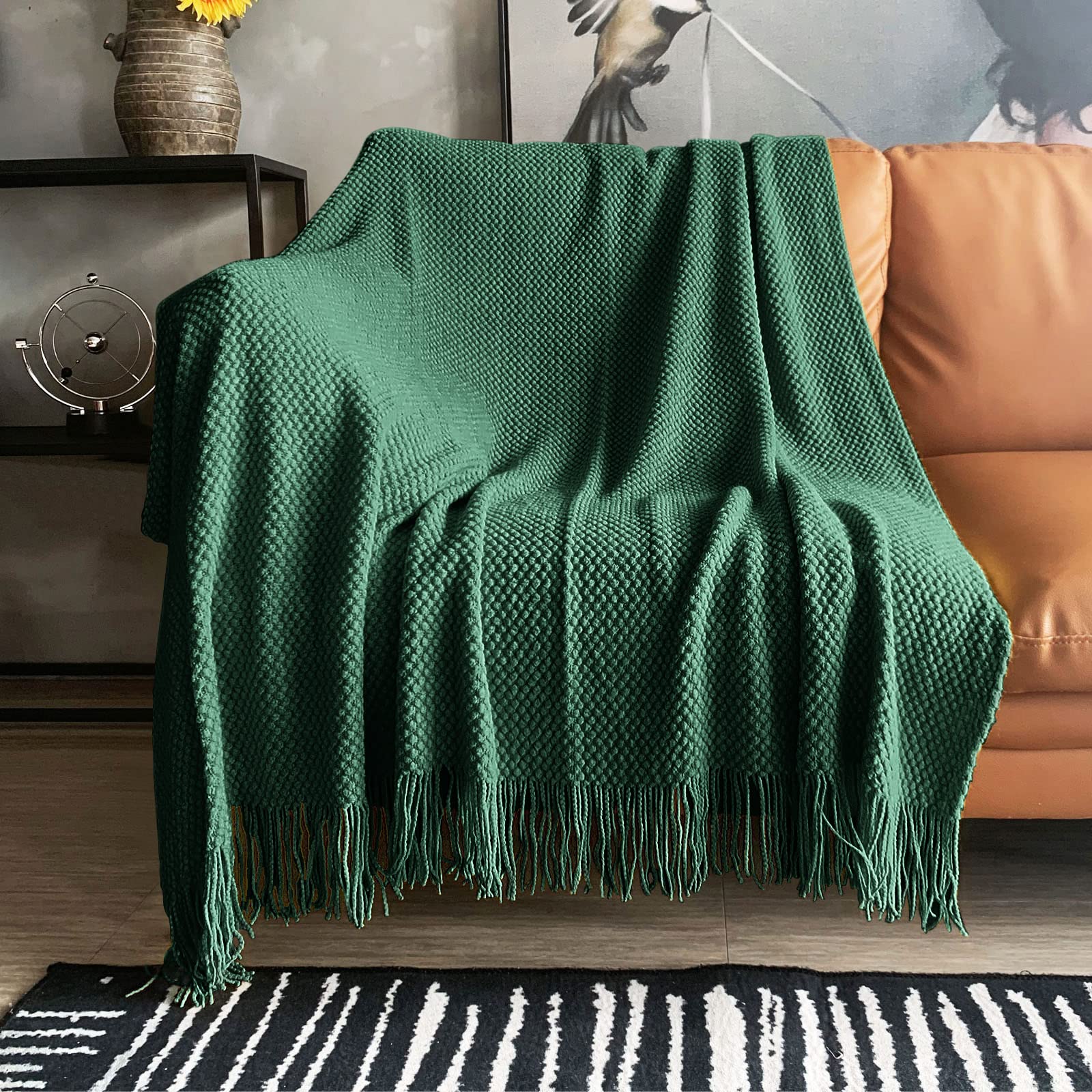 Lomao Knitted Throw Blanket With Tassels Bubble Textured Lightweight Throws For Couch Cover Home Decor (Green, 50X60)