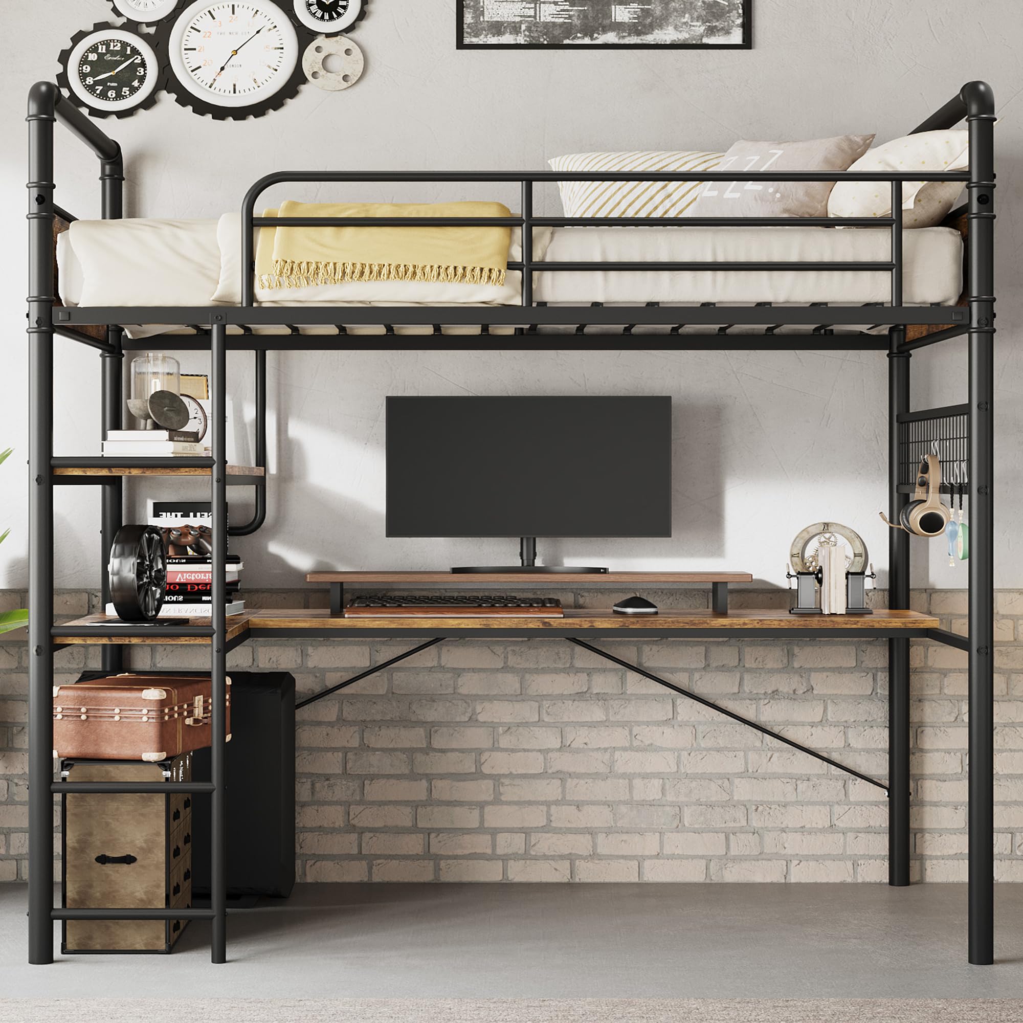 IDEALHOUSE Loft Bed Twin Size with l-Shaped Desk, Metal Bunk Bed with 2 Open Shelves and Decorative Mesh, Twin Loft Bed with 13.