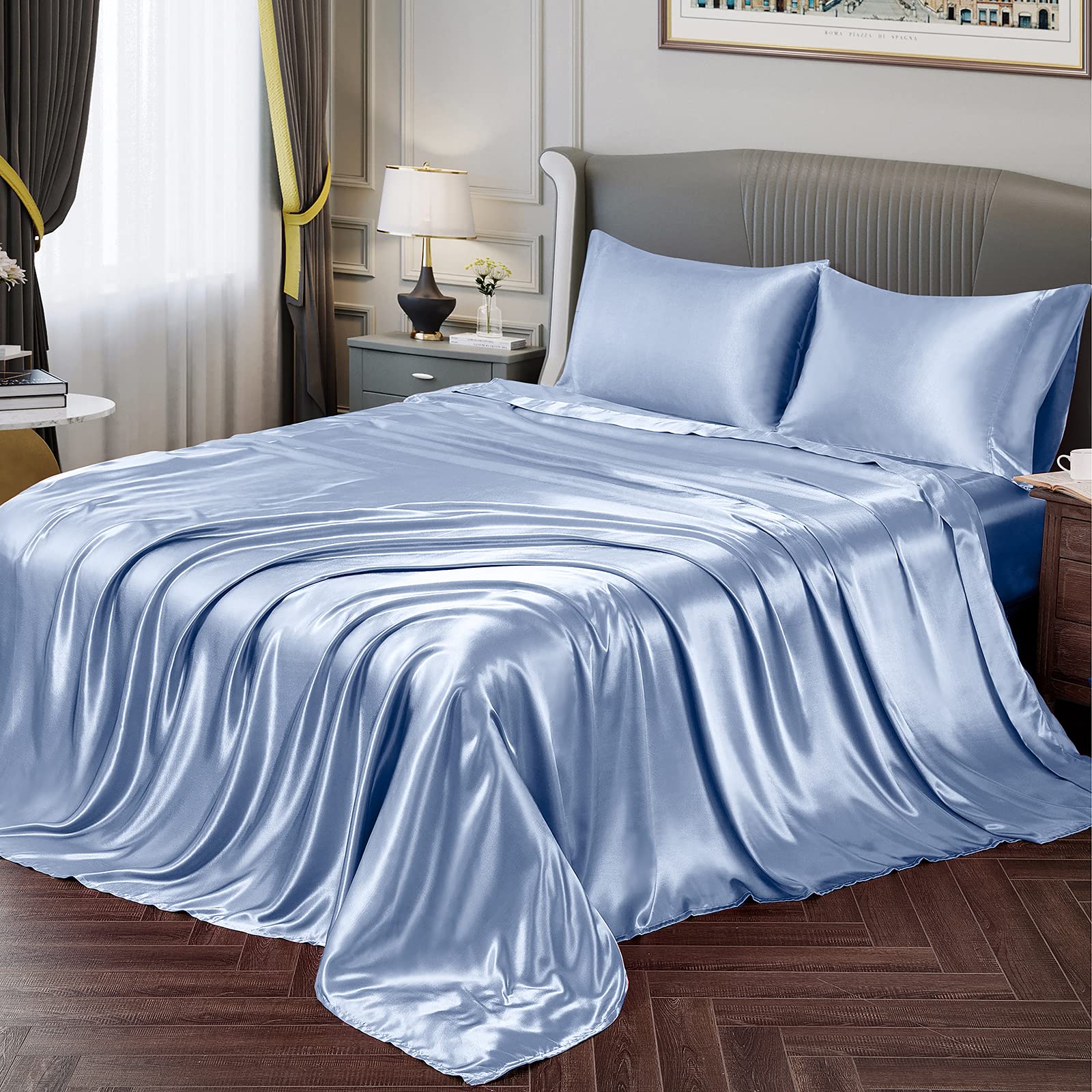 Vonty Satin Sheets King Size Silky Soft Satin Bed Sheets Baby Blue Satin Sheet Set, 1 Deep Pocket Fitted Sheet + 1 Flat Sheet +