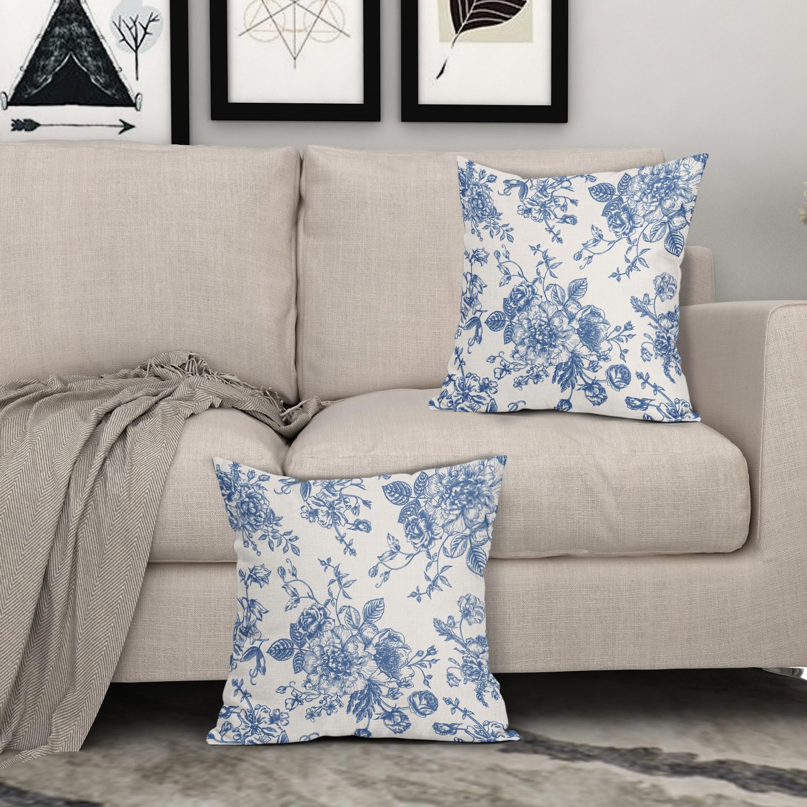 Blue Floral Pillow Covers 18X18 Inch Vintage Flower Blue White Decorative Throw Pillow Covers Set Of 2 Chinoiserie Pillowcases C