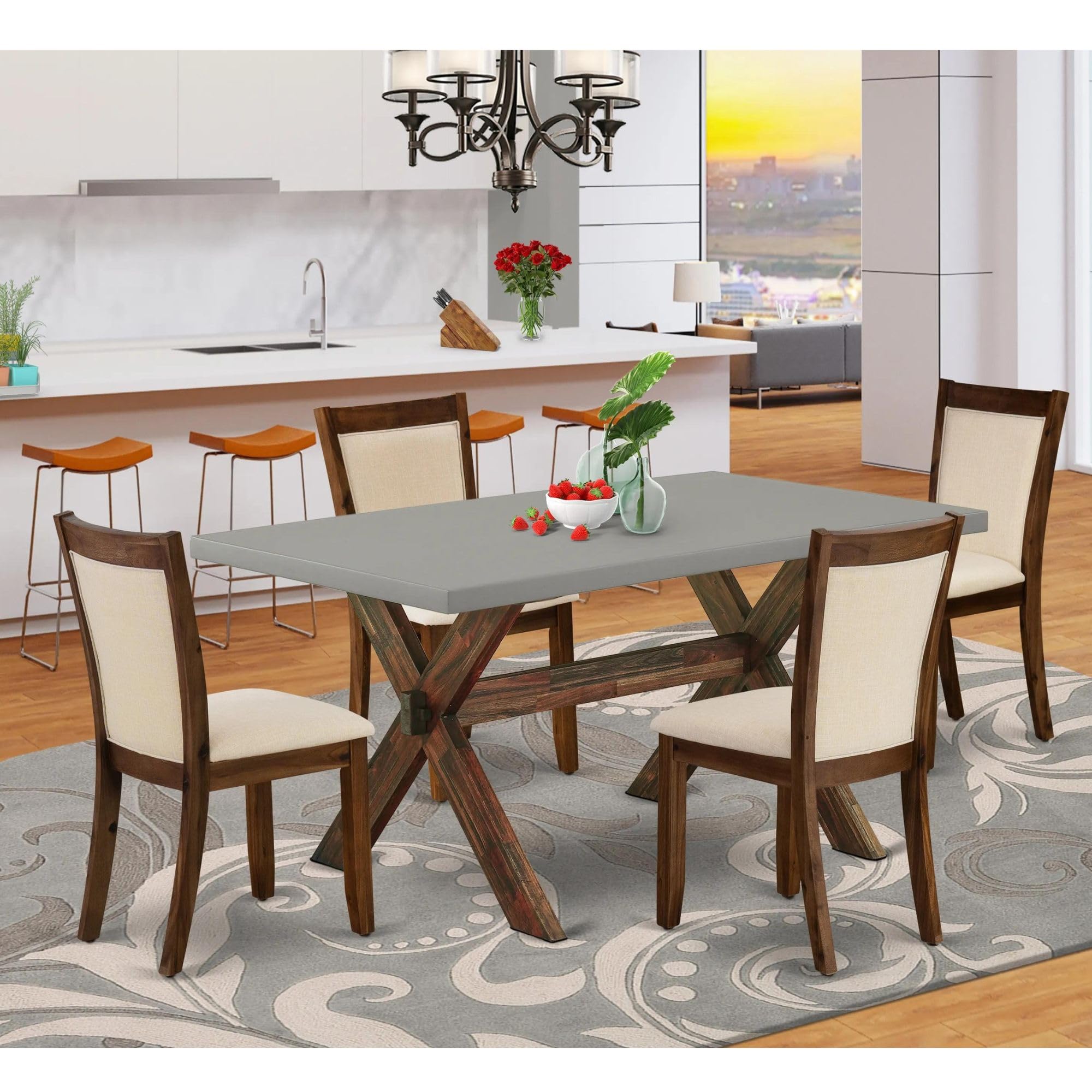 East West Furniture X796Mzn32-5 5 Piece Dining Room Table Set Includes A Rectangle Kitchen Table With X-Legs And 4 Light Beige Linen Fabric Parson Dining Chairs, 36X60 Inch, Multi-Color