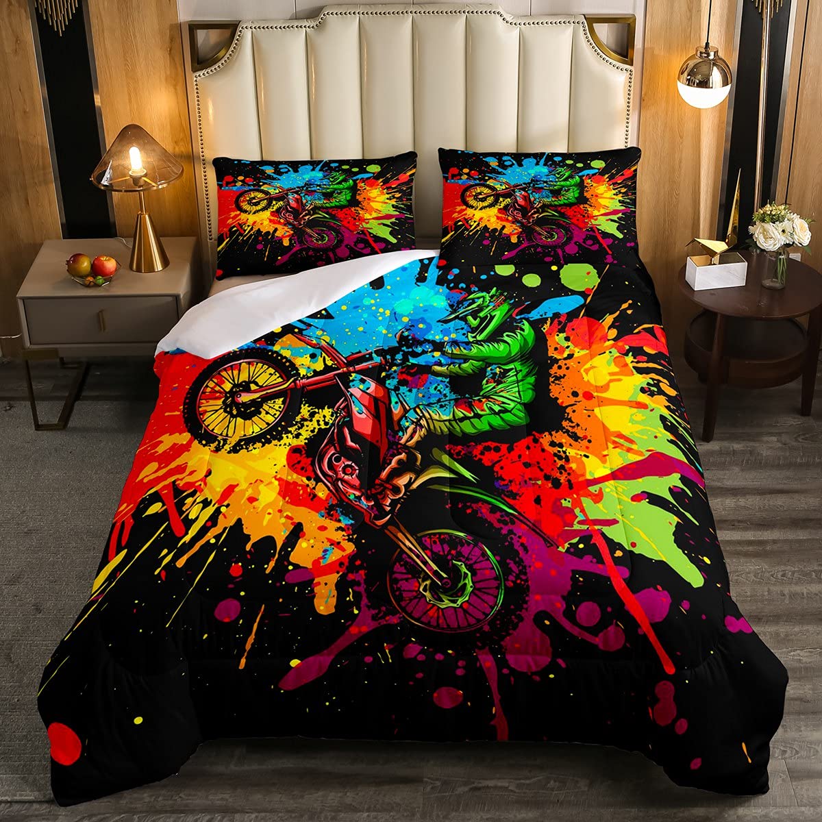 Erosebridal Motocross Bedding Sets For Boys Girls Twin Size Motorcycle Racer Comforter Set Extreme Sport Tie Dye Down Dirt Bike
