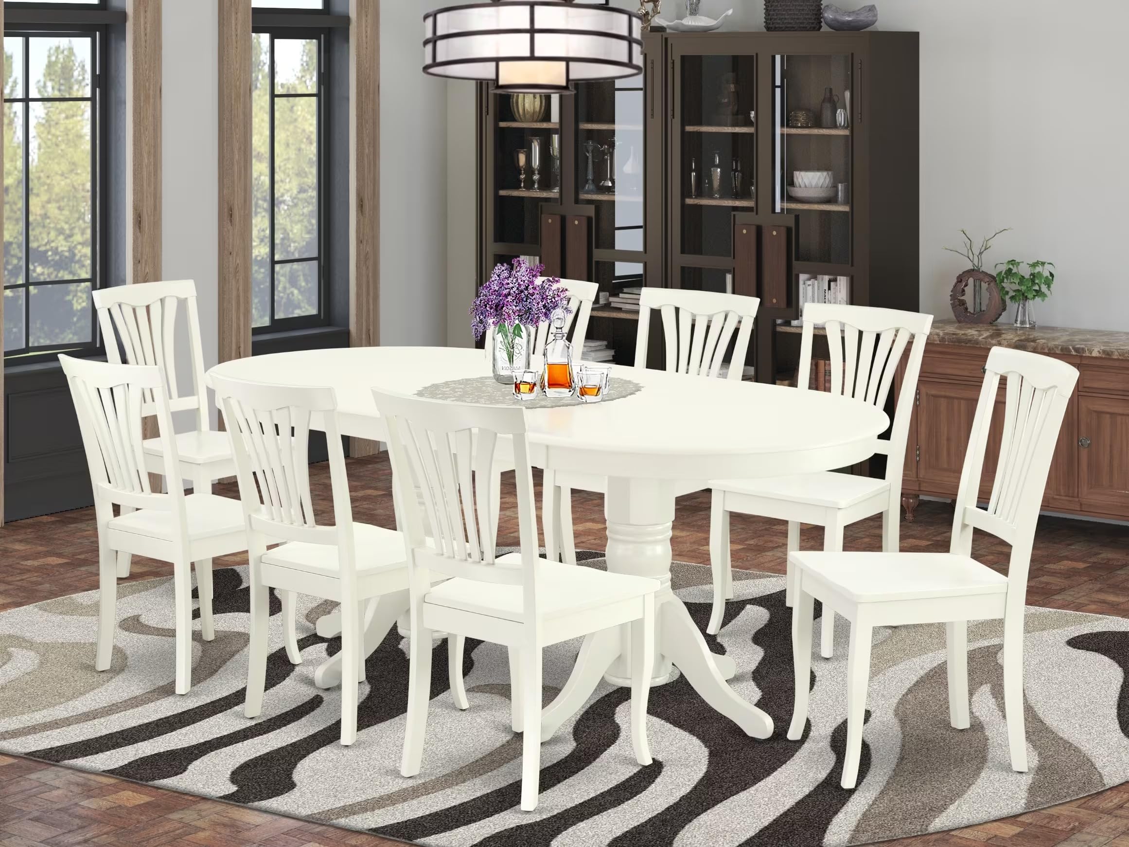 East West Furniture Vaav9-Lwh-W 9 Piece Kitchen Table & Chairs Set Includes An Oval Dining Room Table With Butterfly Leaf And 8 Solid Wood Seat Chairs, 40X76 Inch, Linen White