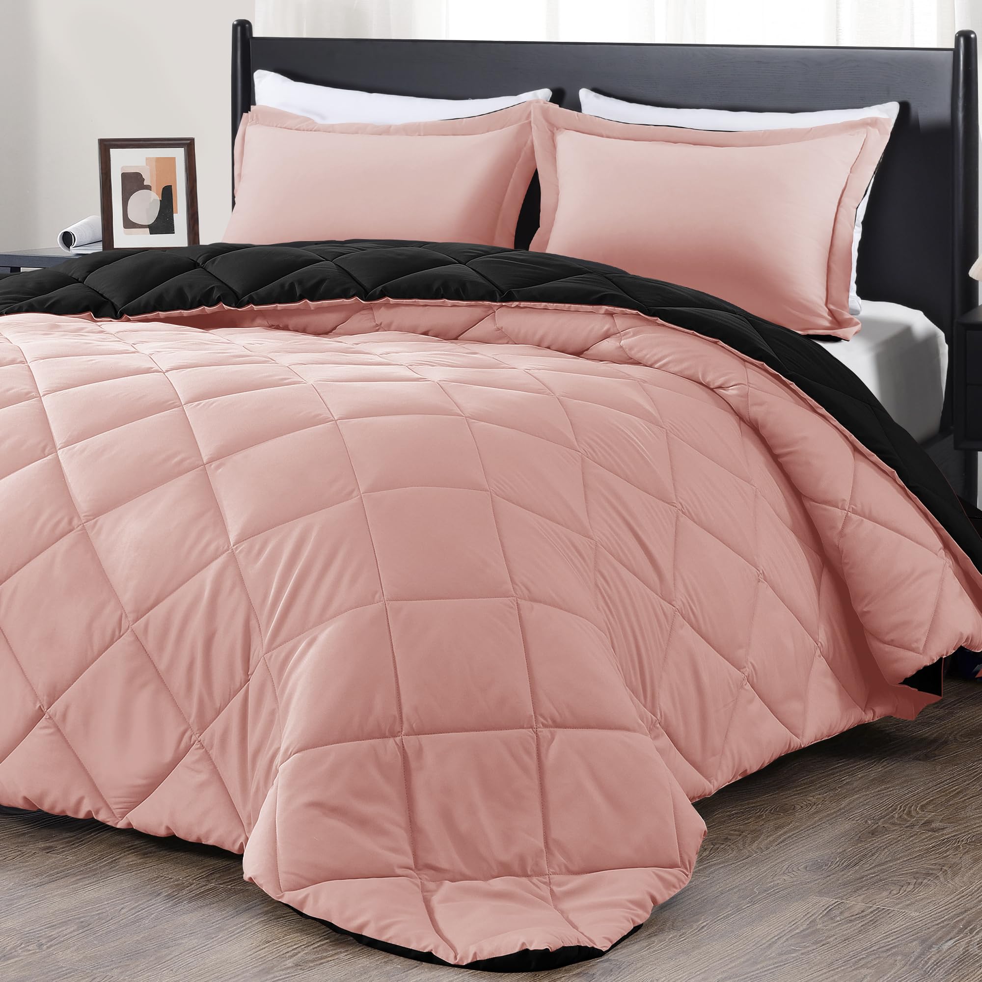 Downluxe Queen Comforter Set - Pink And Black Queen Comforter, Soft Bedding Sets For All Seasons -3 Pieces - 1 Comforter (88'X9