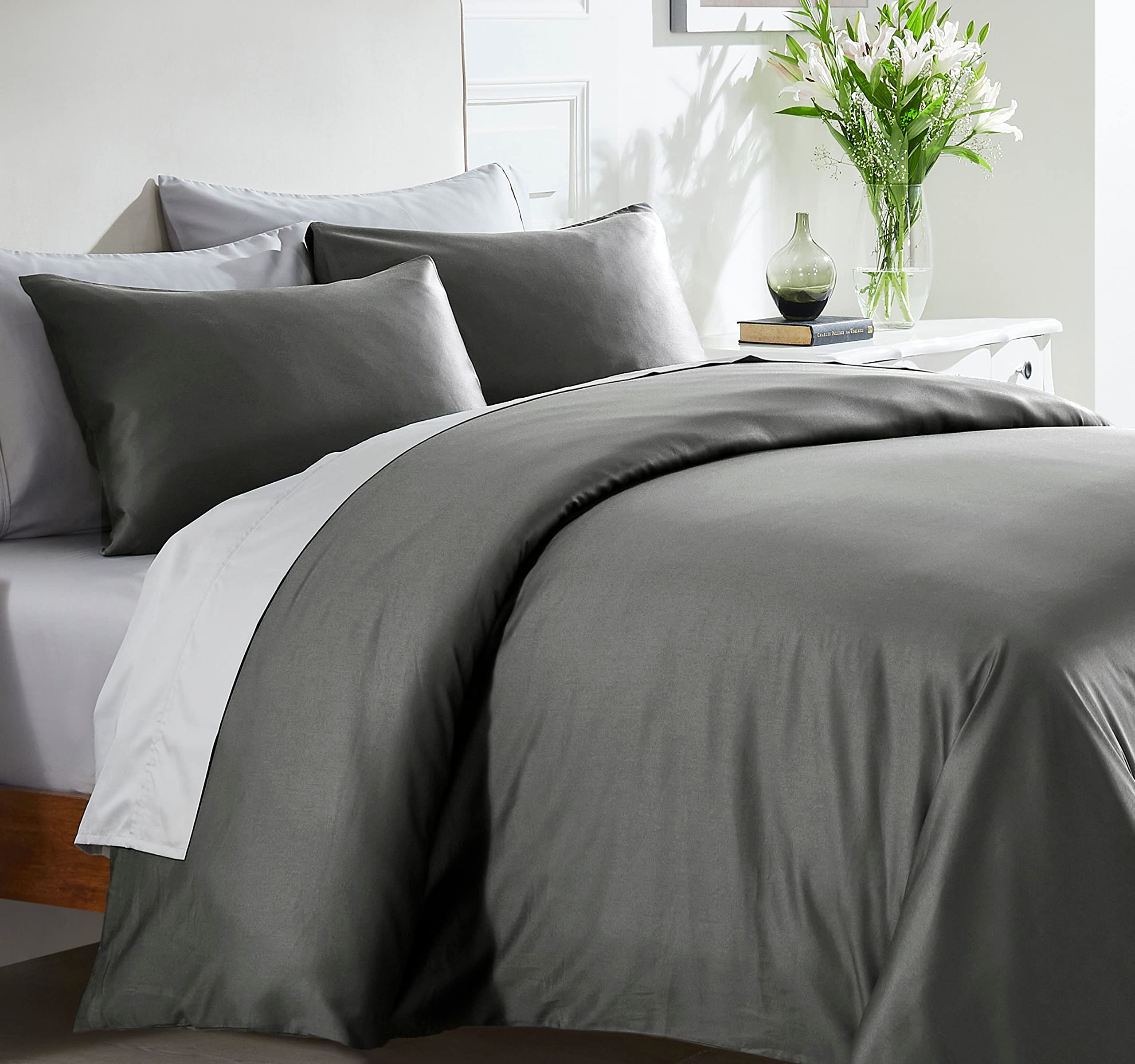 California Design Den 100% Natural Cotton Duvet Cover - Premium 400 Thread Count, Cooling Comforter Cover, Smooth Sateen Weave, Button Closure And Corner Ties (1 Piece, Dark Gray, Queen)