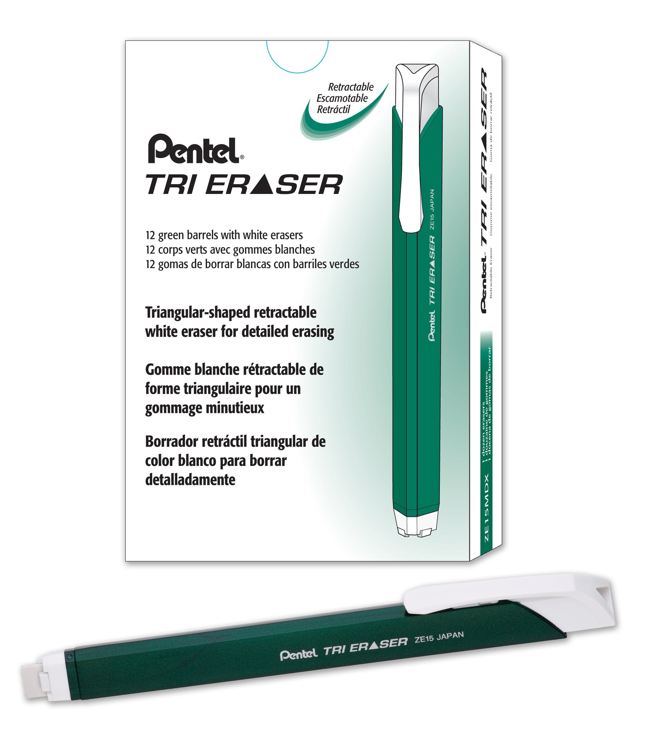 Pentel Tri Eraser Retractable Eraser, Metallic Green Barrel, Box Of 12 (Ze15Md)