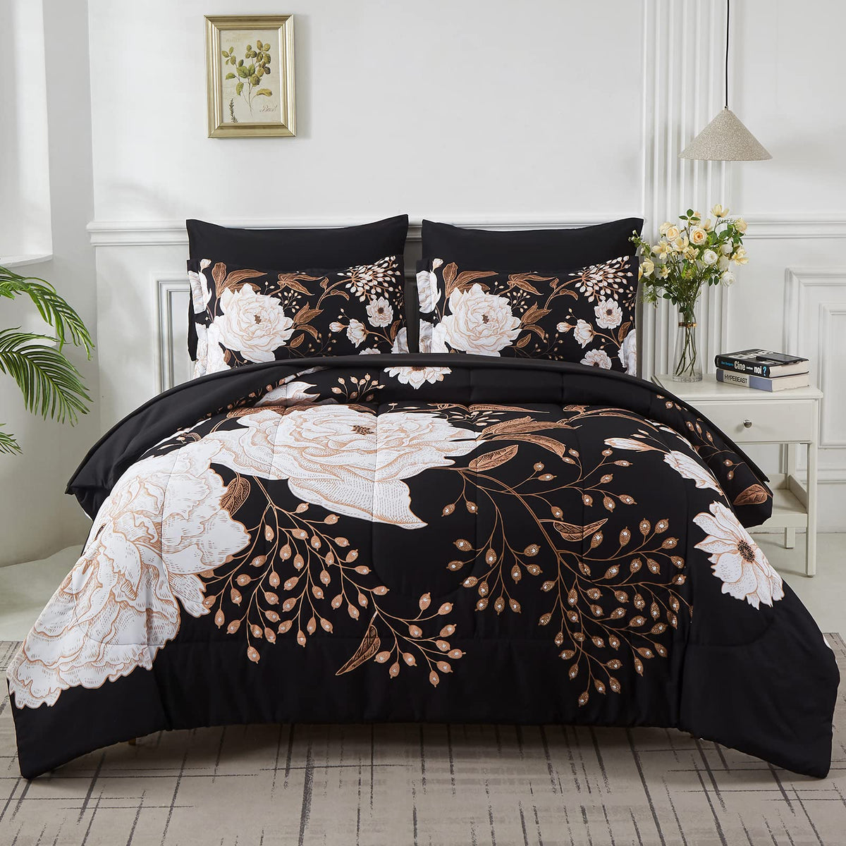 Yogeneg 7 Piece Bed In A Bag Queen Comforter Set Botanical Floral Bedding Set,White Flowers Leaves Printed On Black Reversible D