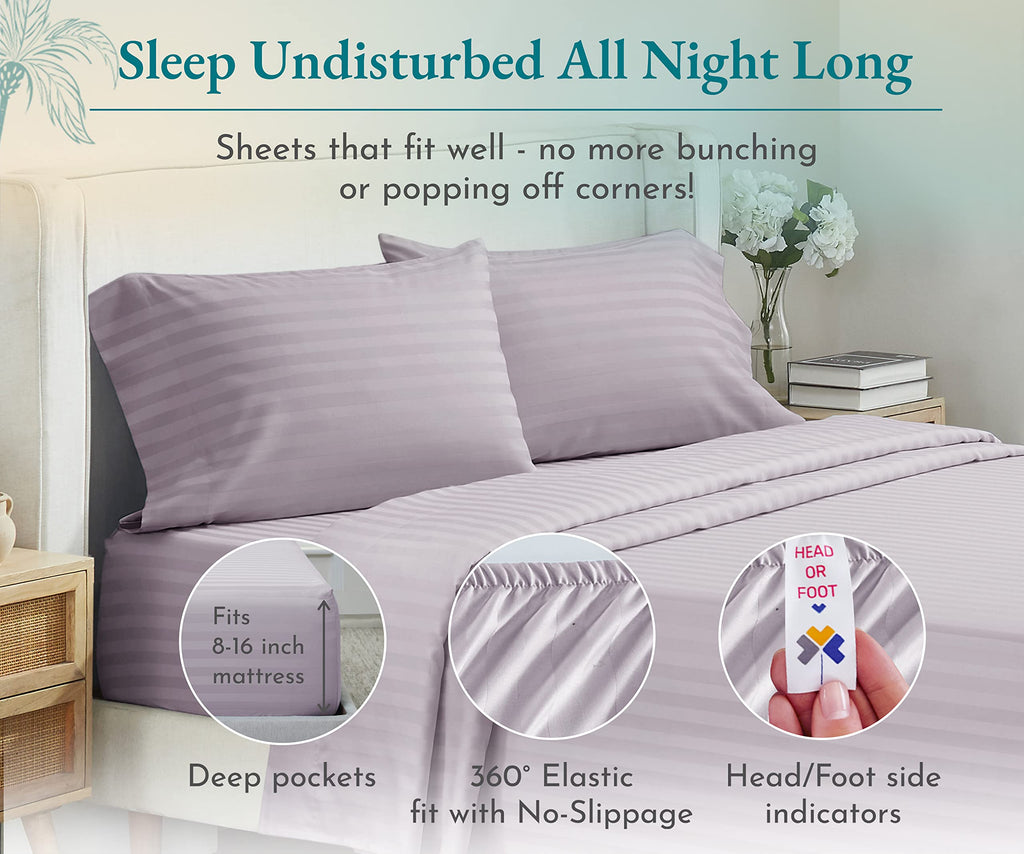 California Design Den - Deep Pocket Queen Sheet Sets, Soft 100% Cotton Cooling Sheets With Snug Fit Elastic, 500 Thread Count, 4-Pc, Hotel Quality, Damask Stripe Bedding For Home (Stripe - Lavender)