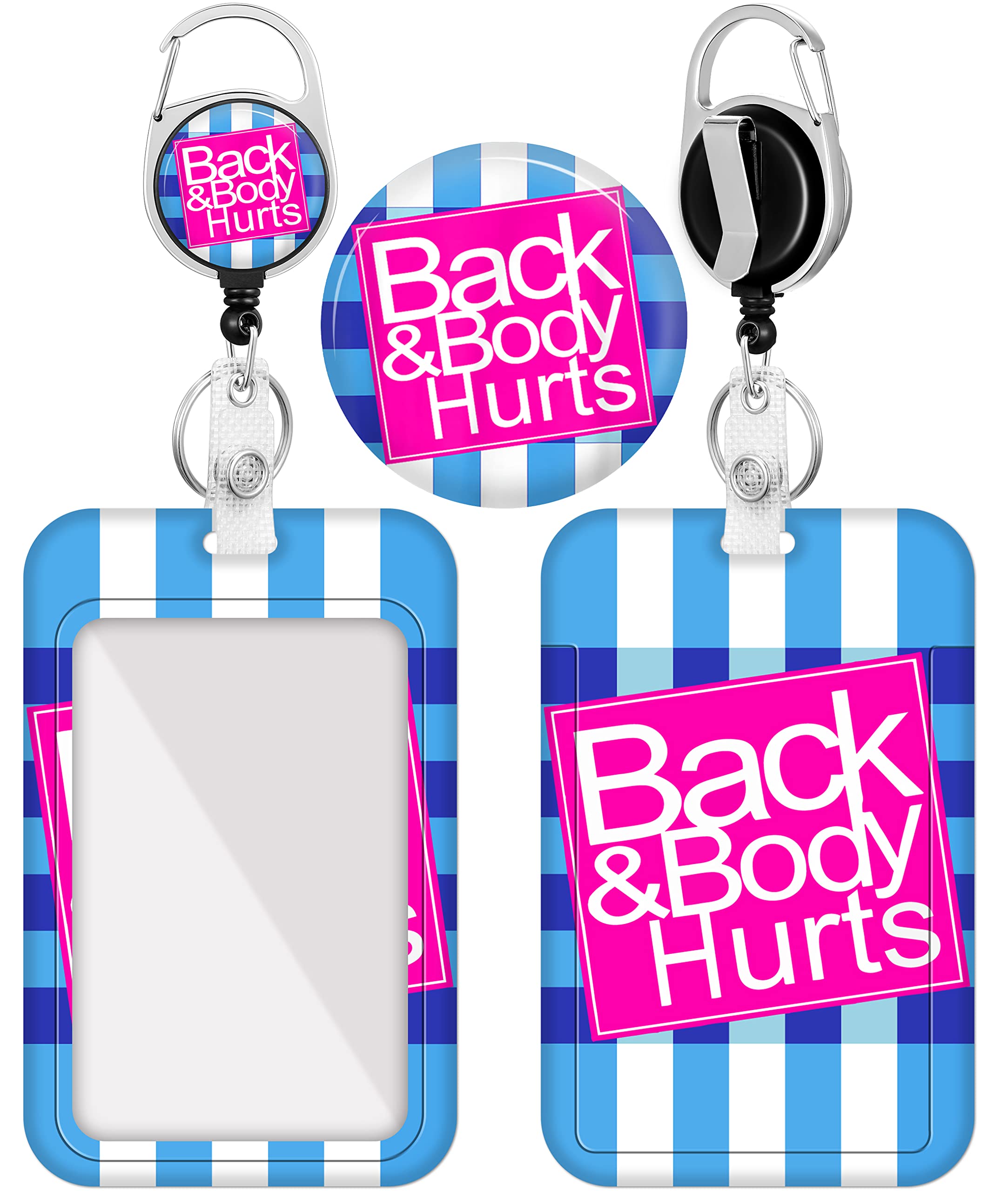 Plifal Badge Holder With Retractable Reel, Cute Funny Back & Body Hurts Id Name Tag Work Badge Clip Heavy Duty Vertical Card Pro