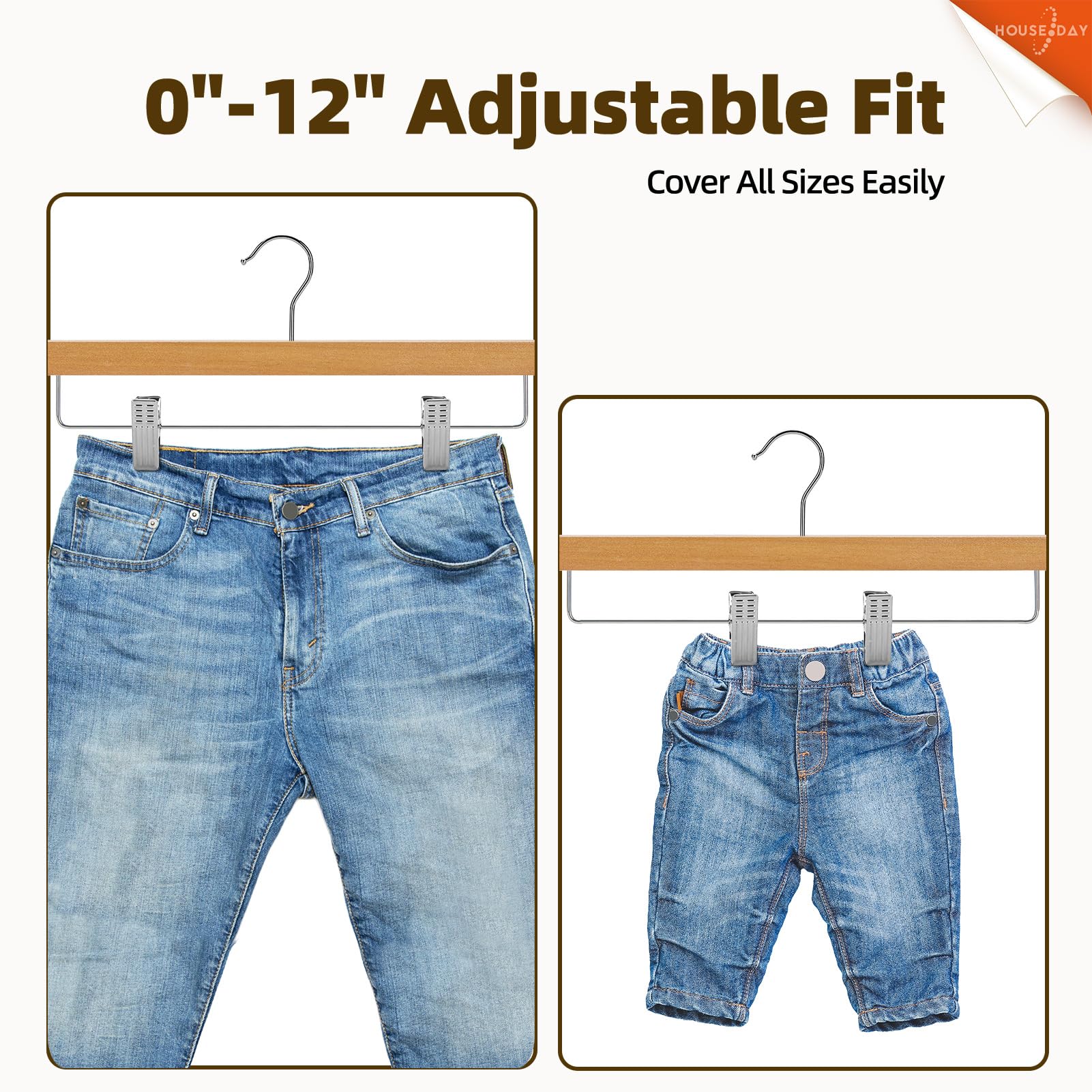 House Day Premium Wooden Pants Hangers 15 Pack, Solid Lotus Wood Skirt Hangers With 2-Adjustable Clips, Heavy Duty & Anti Slip W