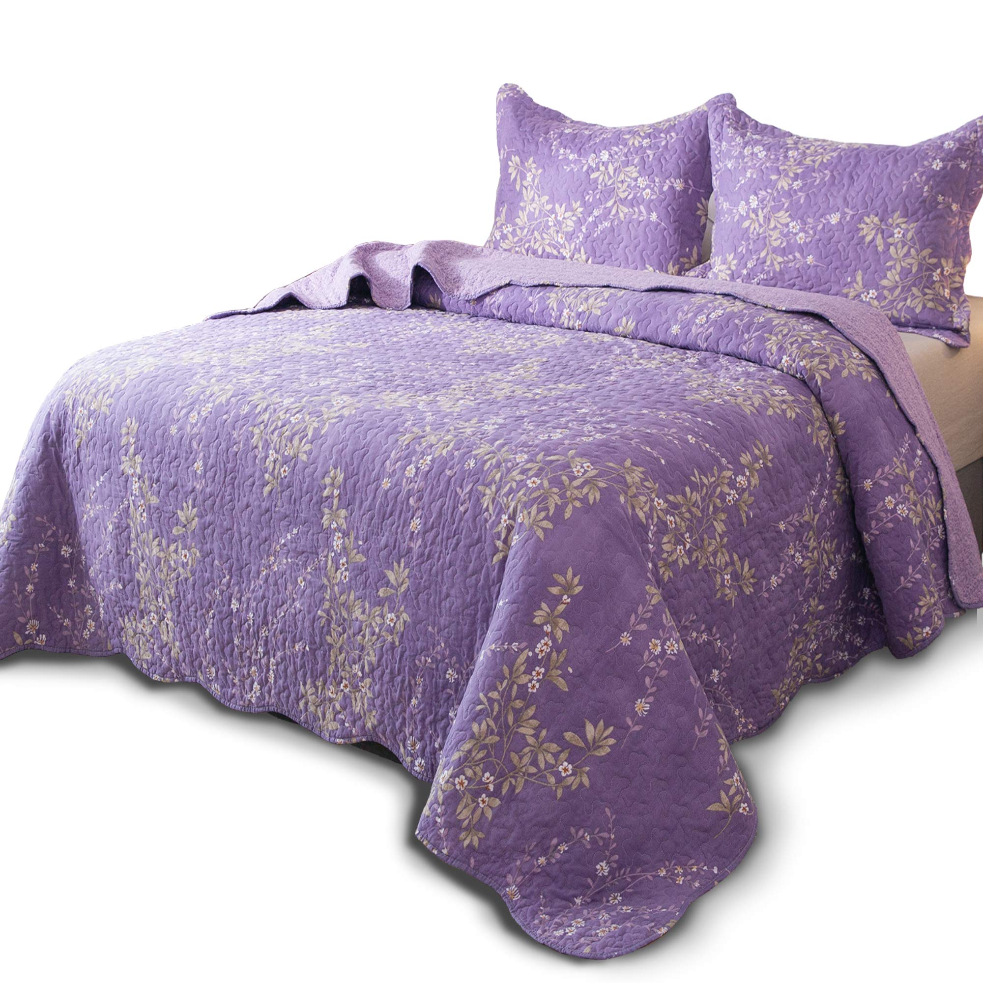 Kasentex Queen Quilt Set Lightweight Bedspread Coverlet(Purple Floral, 90X90)