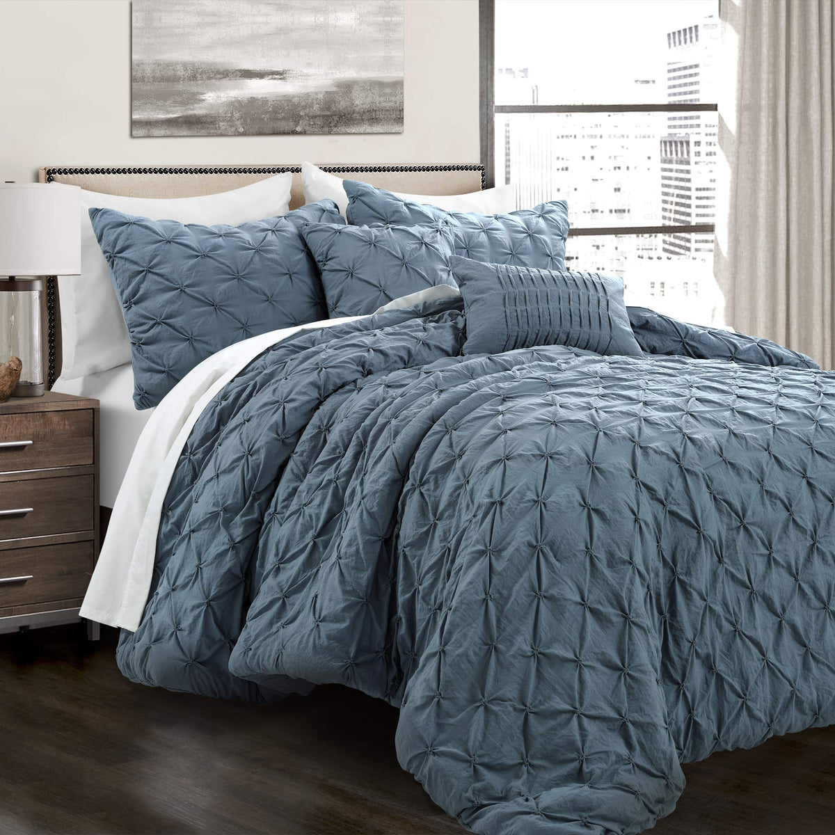 Lush Decor Ravello Pintuck Comforter Set - Luxe 5 Piece Textured Bedding Set - Traditional Glam & Farmhouse Inspired Bedroom Dec
