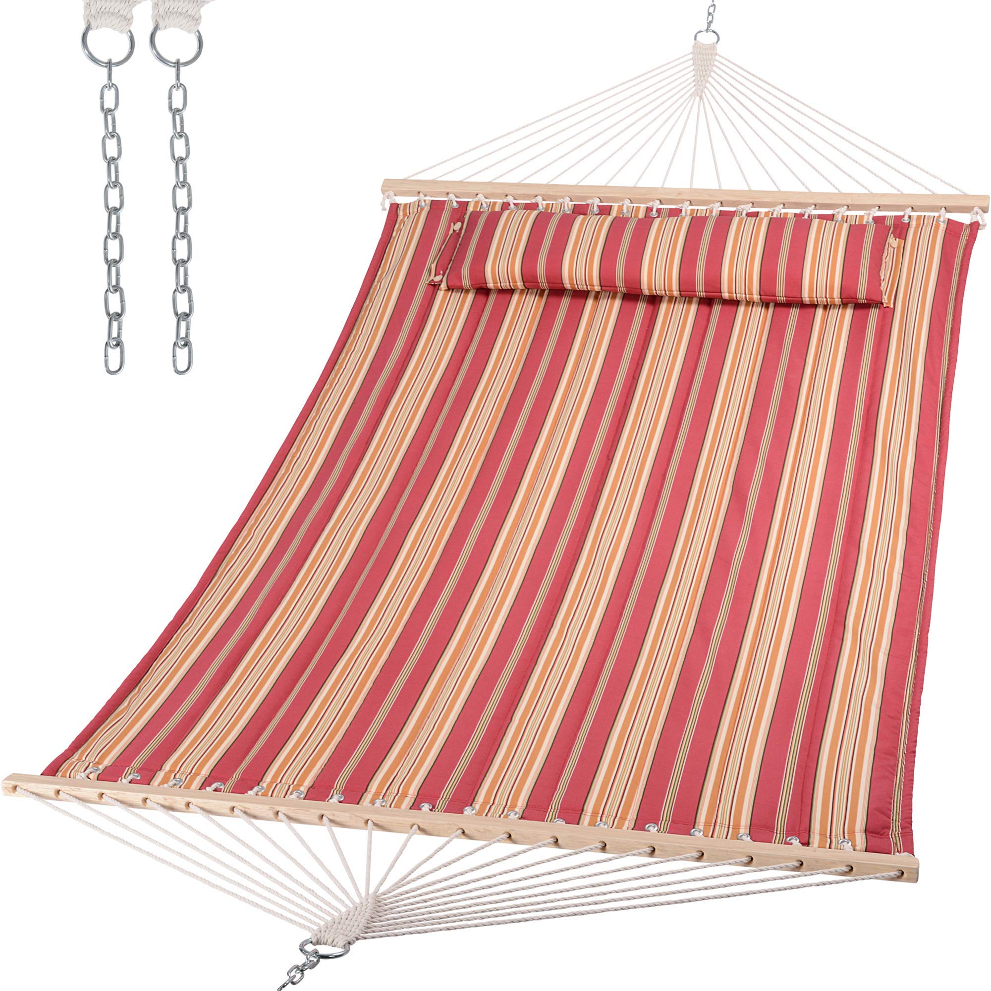 Suncreat Double Hammock Quilted Fabric Swing With Spreader Bar, Detachable Pillow, 55 X79 Large Hammock, Red Stripes