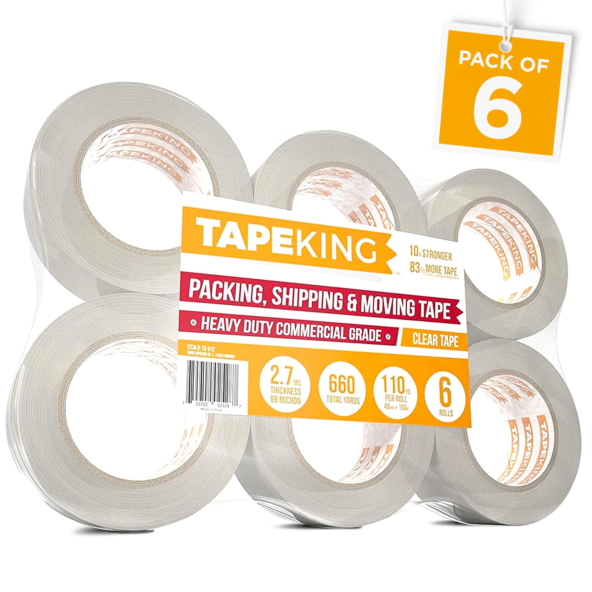 Tape King Clear Packing Tape - 60 Yards Per Roll (Pack Of 6 Rolls) - Stronger & Thicker 2.7Mil, Heavy Duty Adhesive Industrial D