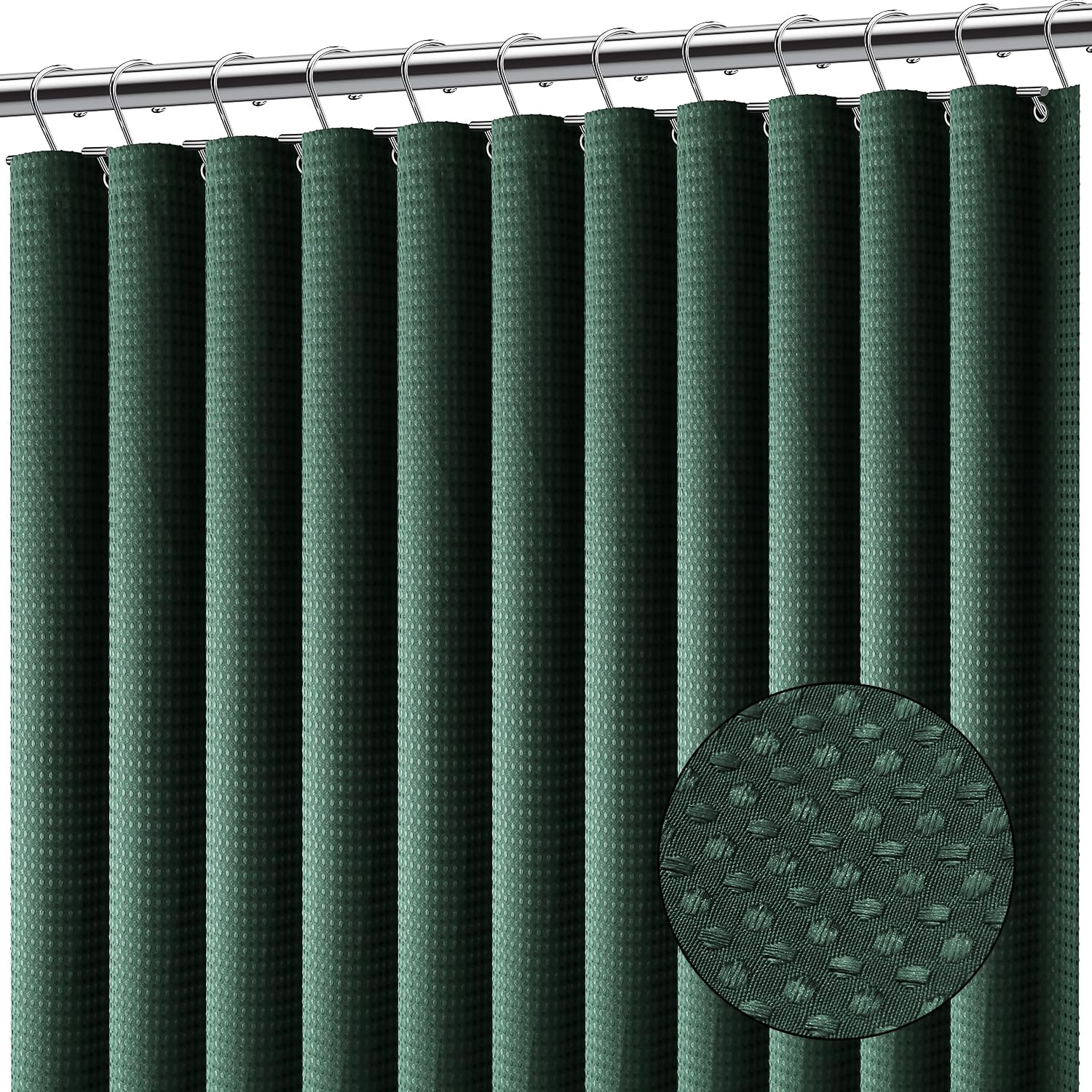 Clara Clark Hunter Green Shower Curtain - Waterproof Shower Curtains For Bathroom, Waffle Shower Curtain Fabric, Thick Bathroom