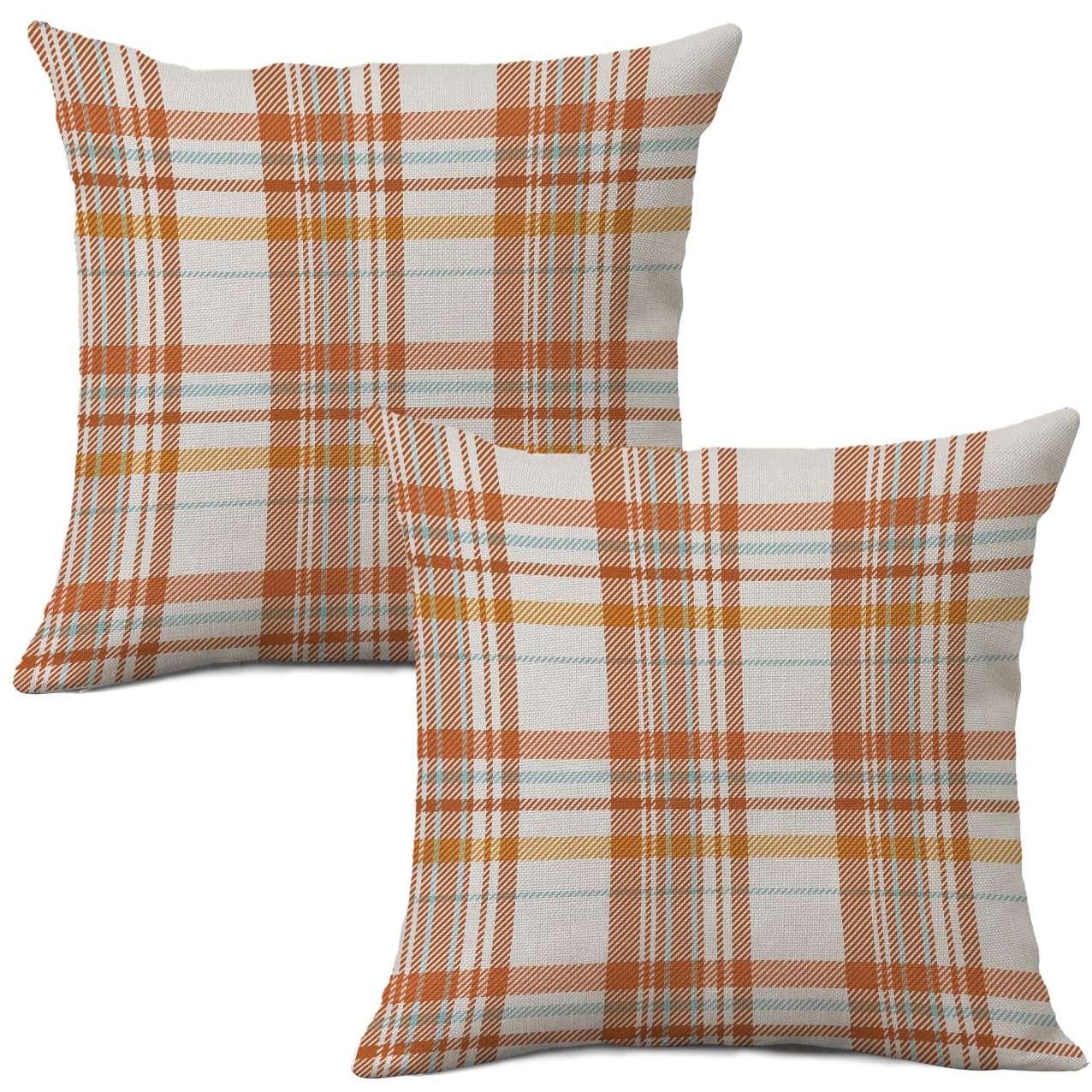 Aofanggo Fall Pillow Covers 18X18 Set Of 2 Autumn Decorative Throw Pillow Cases Orange Blue Plaids Cushion Covers Faux Linen,Far