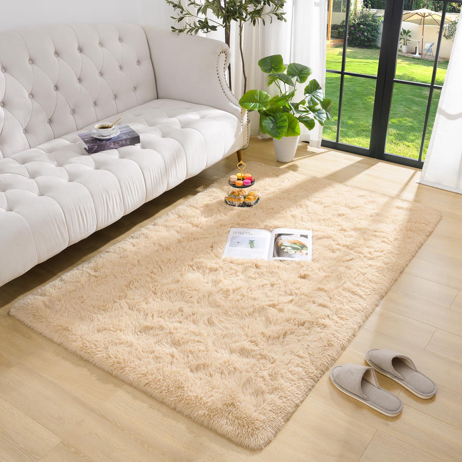 Detum Beige Bedroom Rug 4X6 Rugs For Bedroom Dining Room Fluffy Living Room Rug Washable Shag Rug Nonslip Area Rug Modern Home D