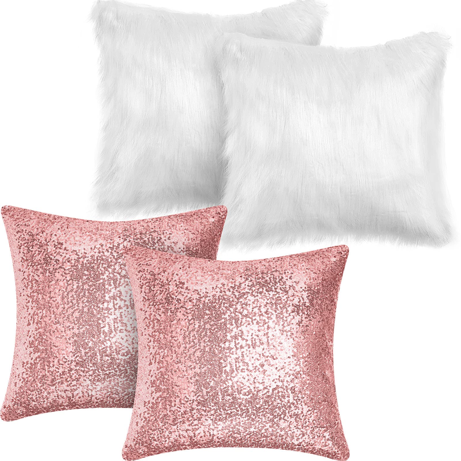 Irenare 4 Pcs Sequin And Fluffy Pillow Covers Winter Faux Fur Throw Pillow Covers Glitter Bling Pillow Cases Soft Fuzzy Cushion