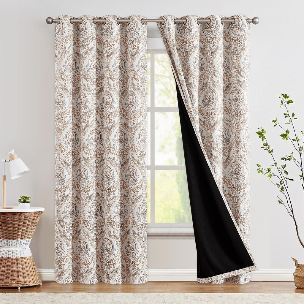 Jinchan 100% Blackout Curtains 84 Inches Long Brown Damask Medallion Window Curtains For Bedroom Grommet Thermal Insulated Drapes For Living Room Vintage Luxury Window Treatments Set 2 Panels