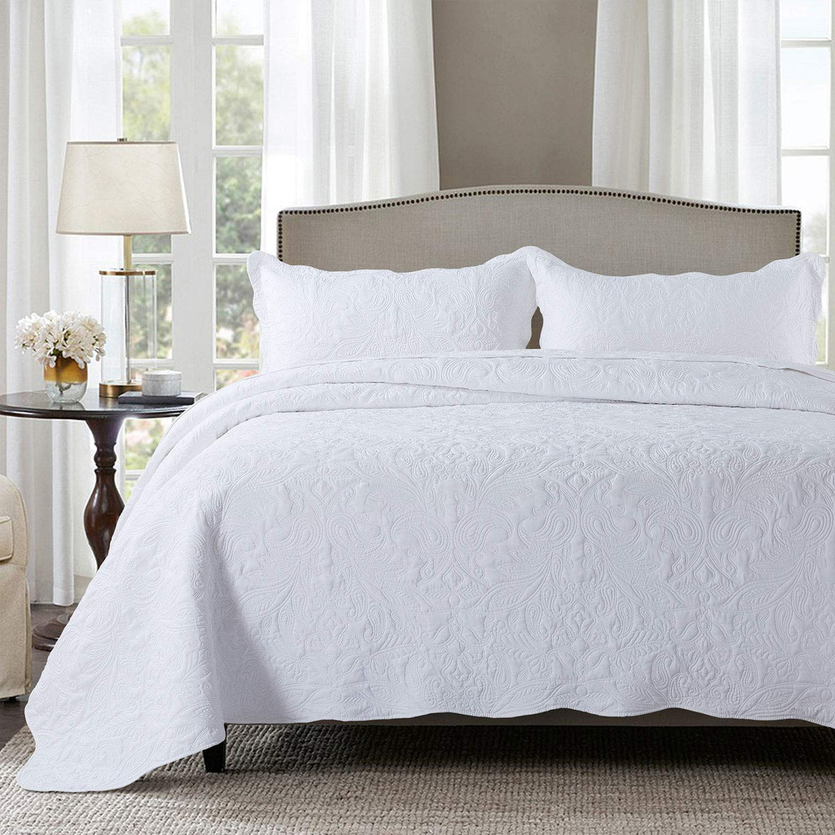 HoneiLife Quilt Set Queen Size - 3 Piece Embroidered Microfiber Bedspread Reversible Coverlet Lightweight Bedcover Paisley Patte