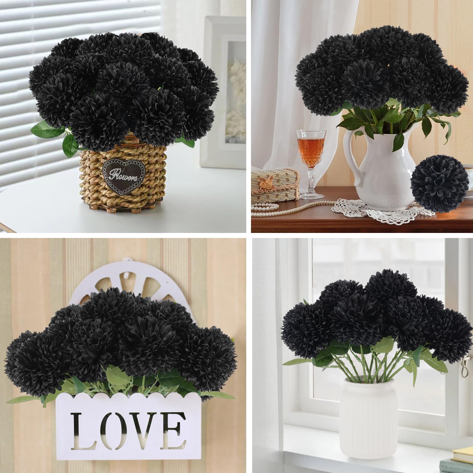 Hananona 12 Pcs Artificial Chrysanthemums Flowers Ball Flowers, Fake Mums Flowers Black Silk Plants For Ghothic Home Decor Indoo