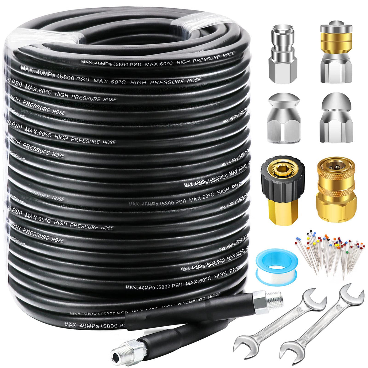 West Bay 150Ft Sewer Jetter Kit For Pressure Washer, 5800Psi Drain Cleaner Hose 1/4 Inch Npt, Corner, Rotating And Button Nose S