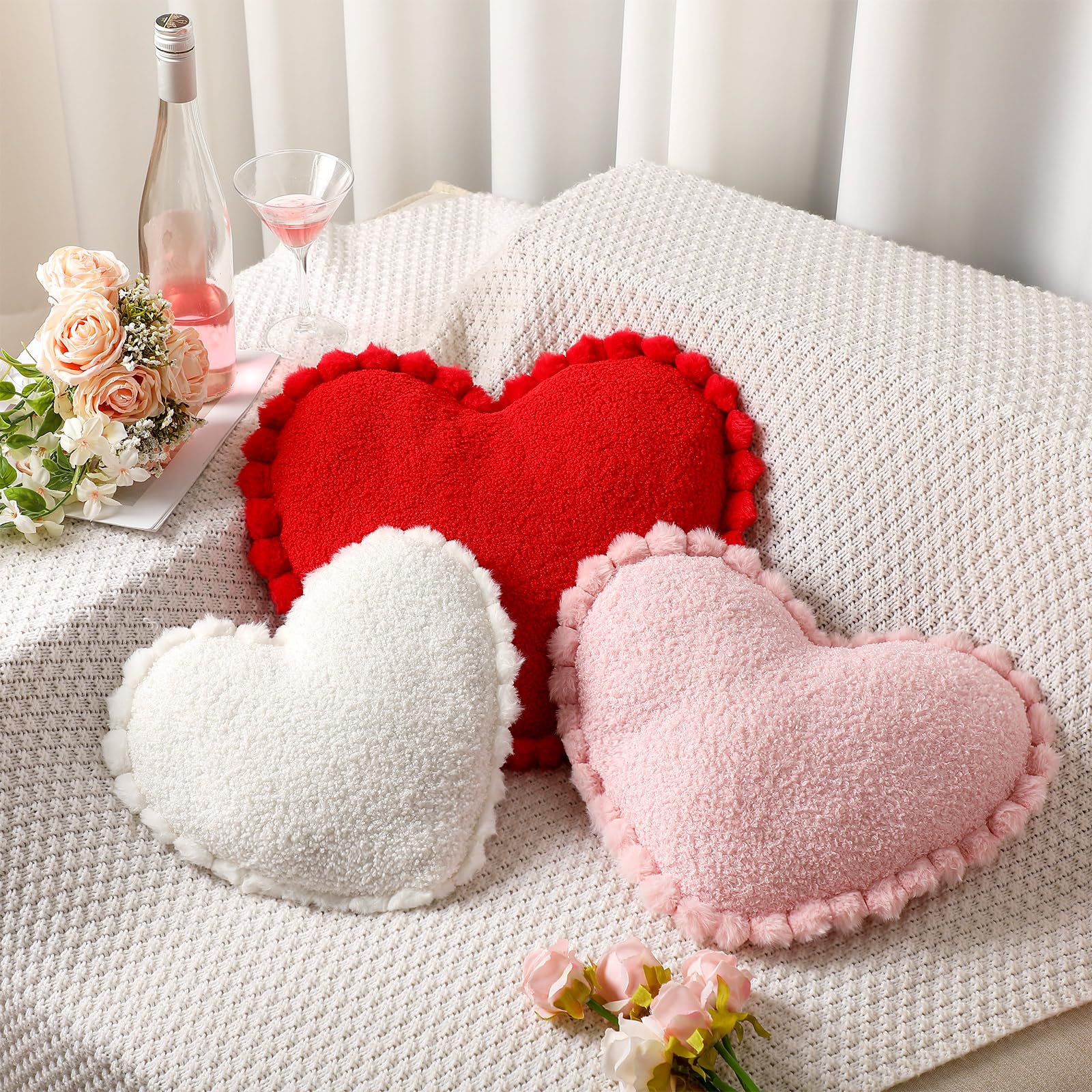 Bucherry 3 Pcs Valentine's Day Heart Throw Pillows, Red White Pink Heart Pillow Soft Decorative Back Cushion for Girls Women Bed
