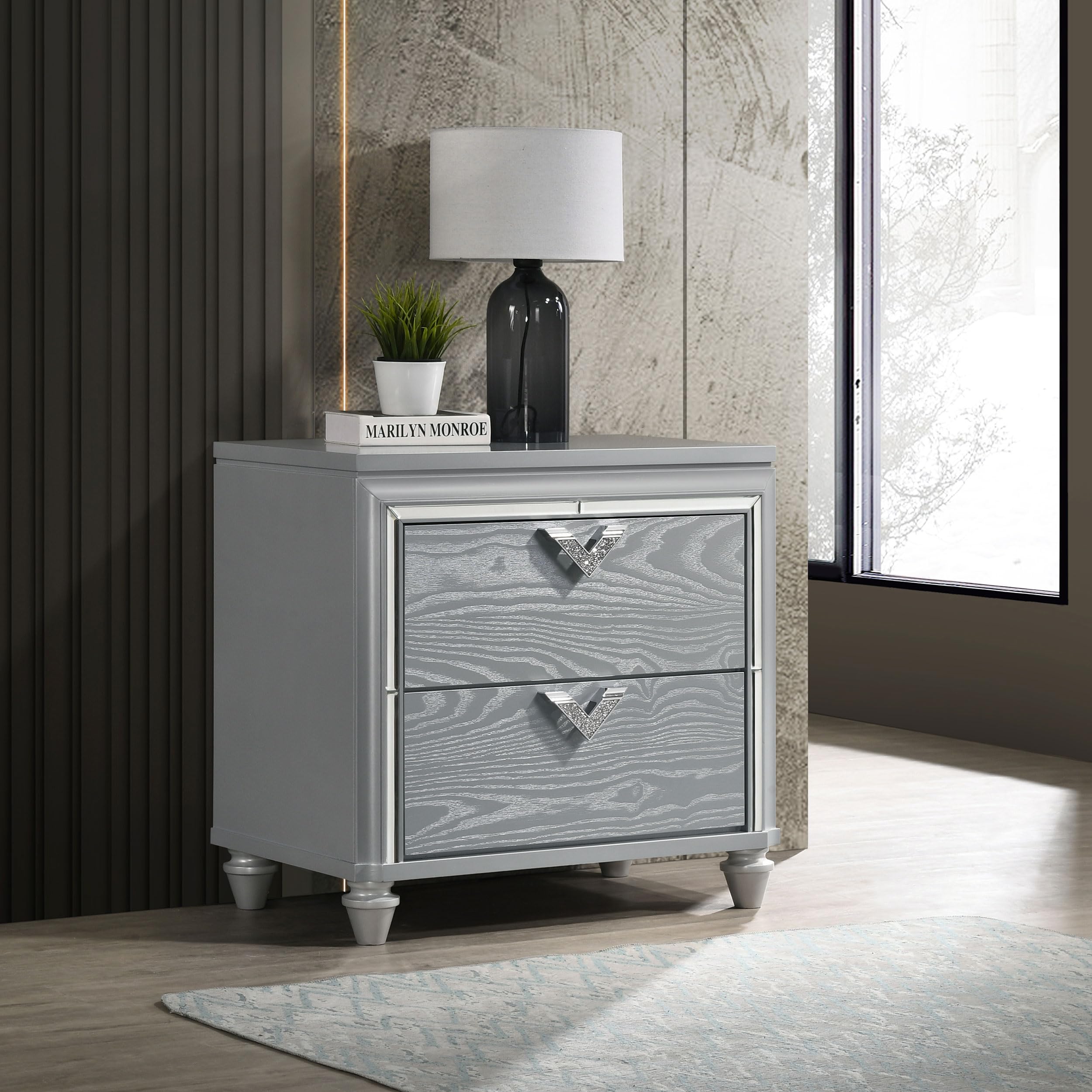 Coaster Home Furnishings Veronica Modern Classic Wood 2-drawer Bedroom Nightstand Bedside Table Organizer Unit Light Silver 224722