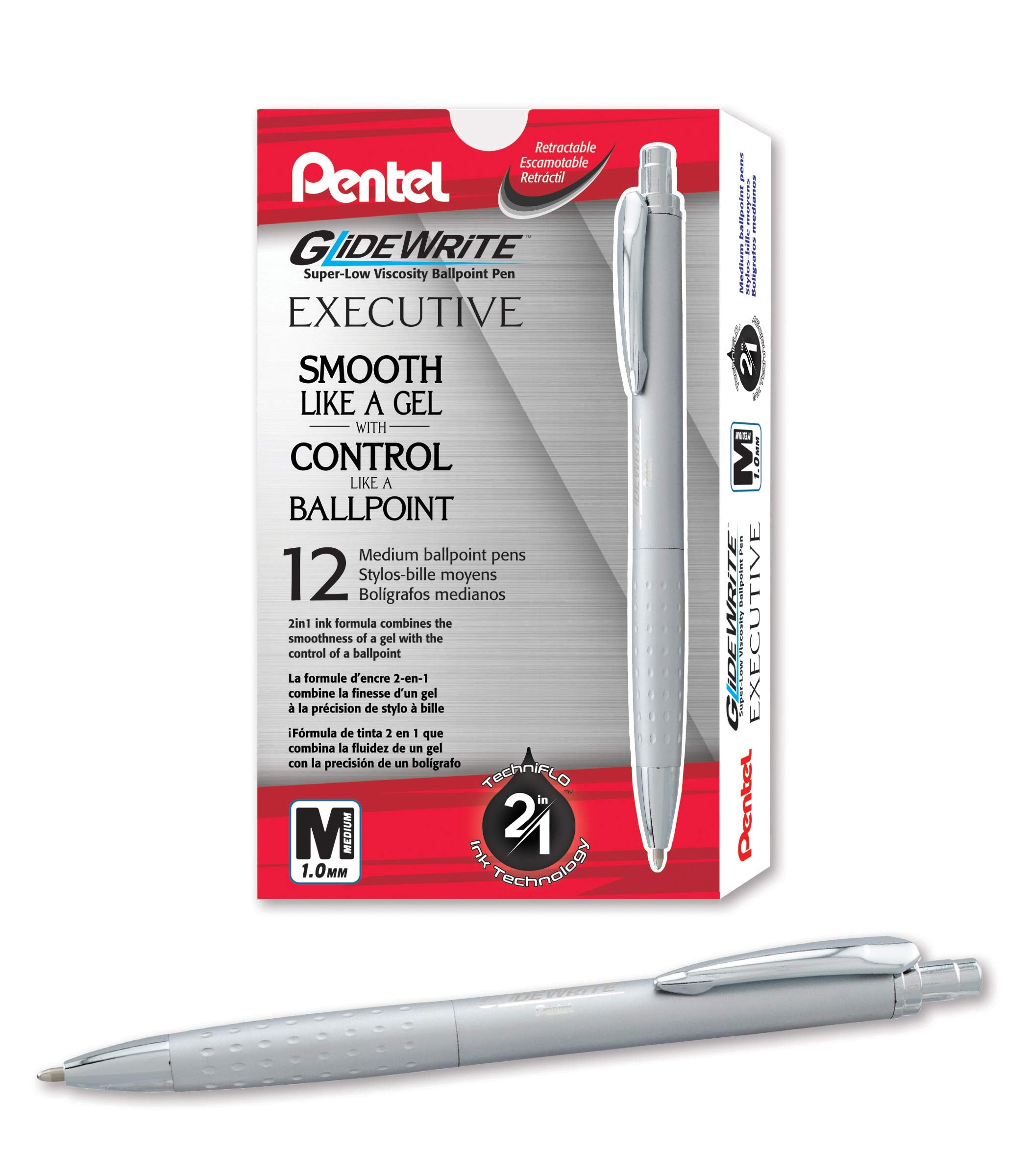 Pentel Glidewrite Executive Ballpoint Pen, (1.0Mm) Medium Line, Silver Metal Barrel, Black Ink, Box Of 12 (Bx970Z-A)