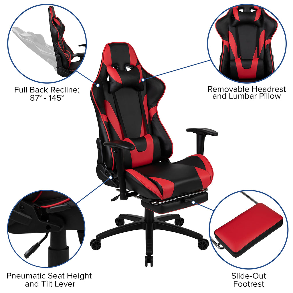 Flash Furniture Optis Black Gaming Desk and Red/Black Footrest Reclining Gaming Chair Set with Cup Holder, Headphone Hook & 2 Wire Management Holes