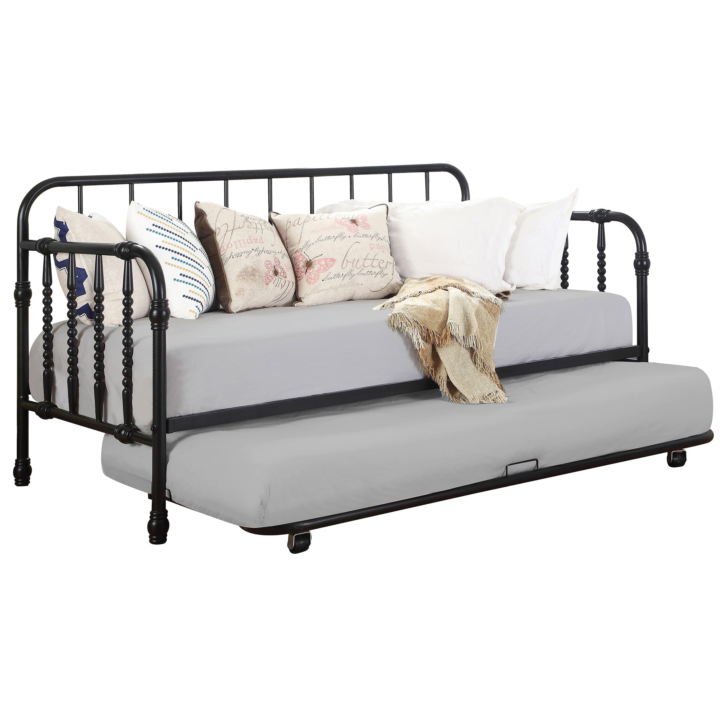 Coaster Home Furnishings Marina Transitional Heavy Duty Metal Twin Size Daybed with Trundle Bed for Guestroom 42-inch Headboard Bedroom Lounger Black 300765