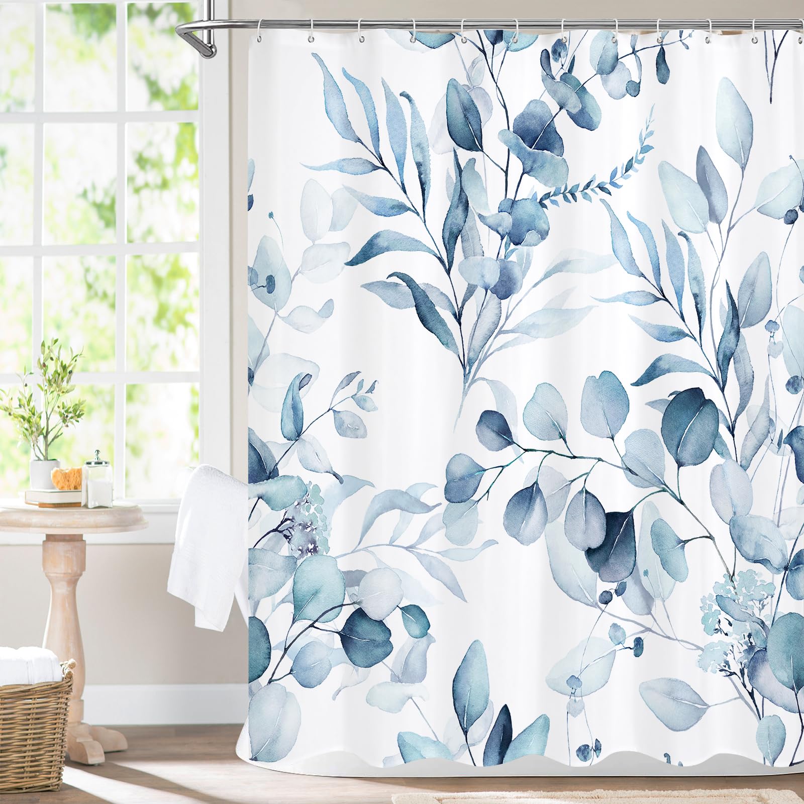 Mitovilla Blue Spring Floral Shower Curtain, Modern Plants Botanical Fabric Cloth Shower Curtains For Chic Elegant Bathroom Deco