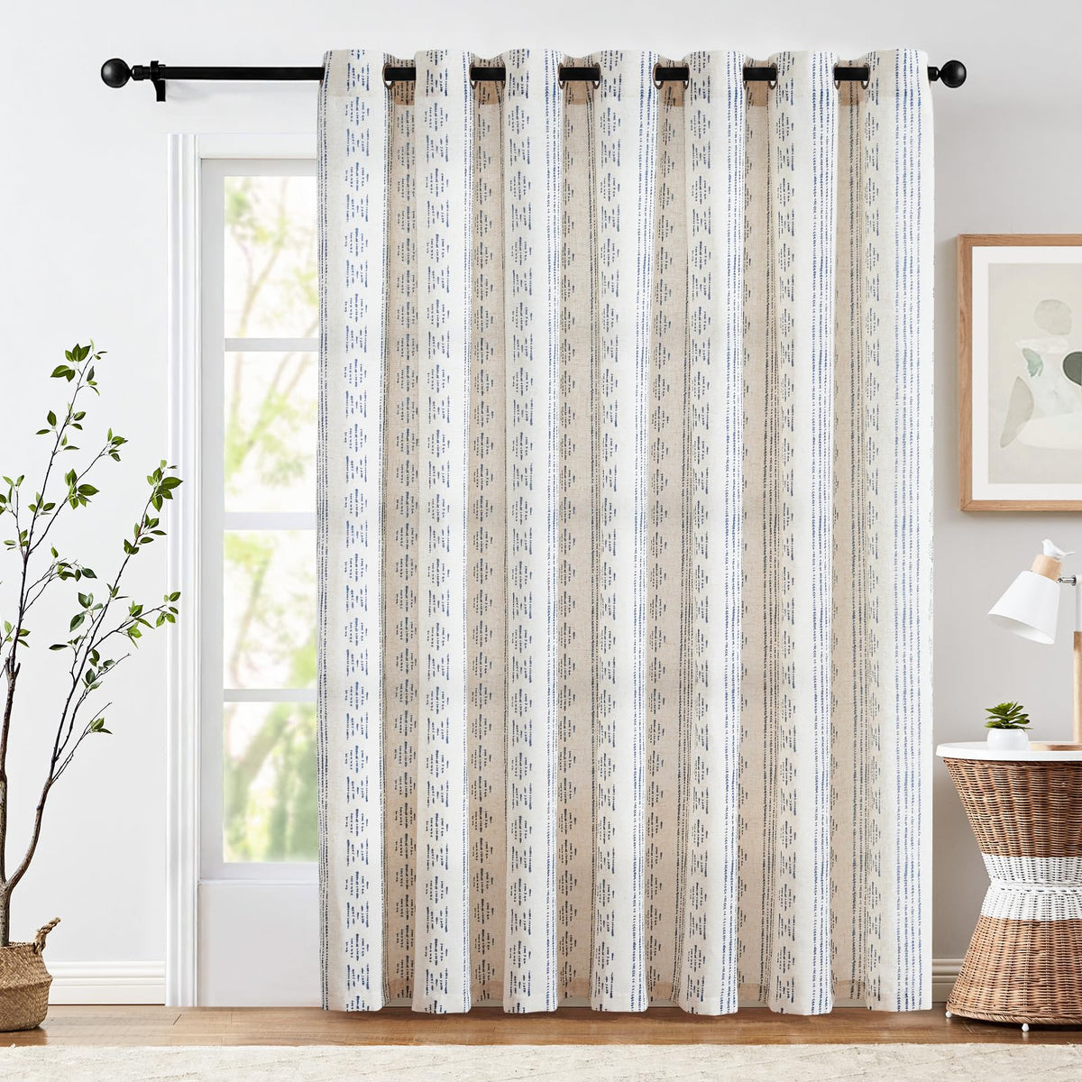 Jinchan Boho Curtains Linen Sliding Patio Door Curtains 84 Inches Long 1 Panel Divider Drapes Extra Wide Blue Farmhouse Curtains