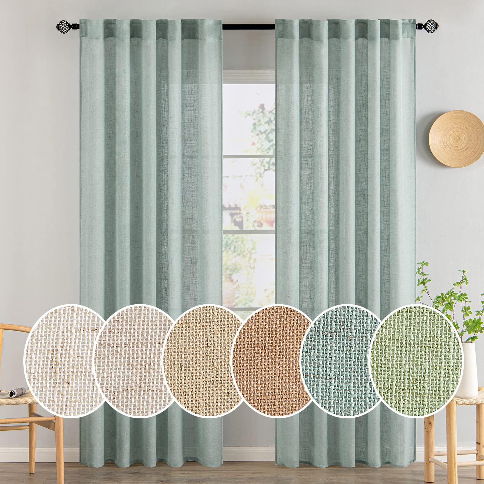 Miulee Sea Green Linen Curtains 84 Inch Length For Bedroom Living Room, Soft Thick Linen Textured Window Drapes Semi Sheer Light