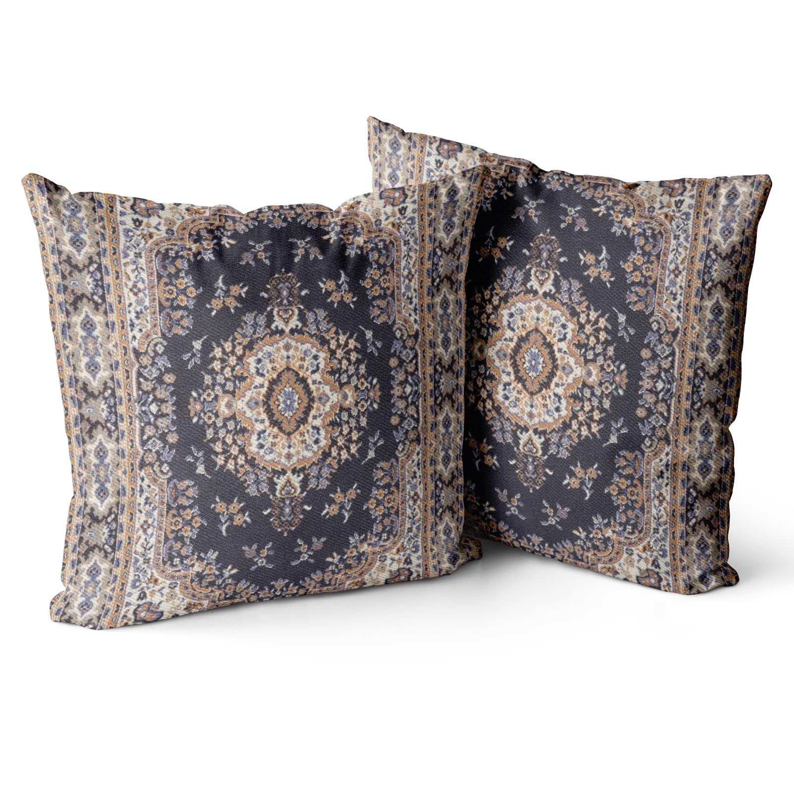 Snycler Boho Throw Pillow Covers 18X18 Inch Set Of 2 Black Medallion Border Area Rug Double Sided Pattern Cotton Soft Pillow Cas