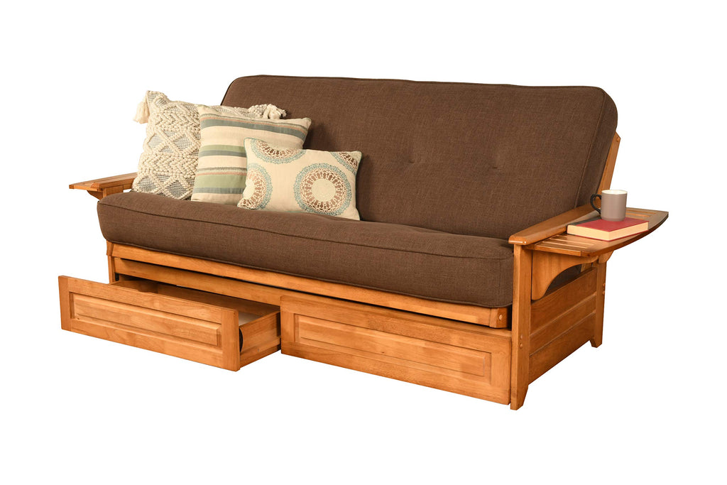Kodiak Furniture Phoenix Full Size Futon in Butternut Finish with Storage Drawers, Linen Cocoa