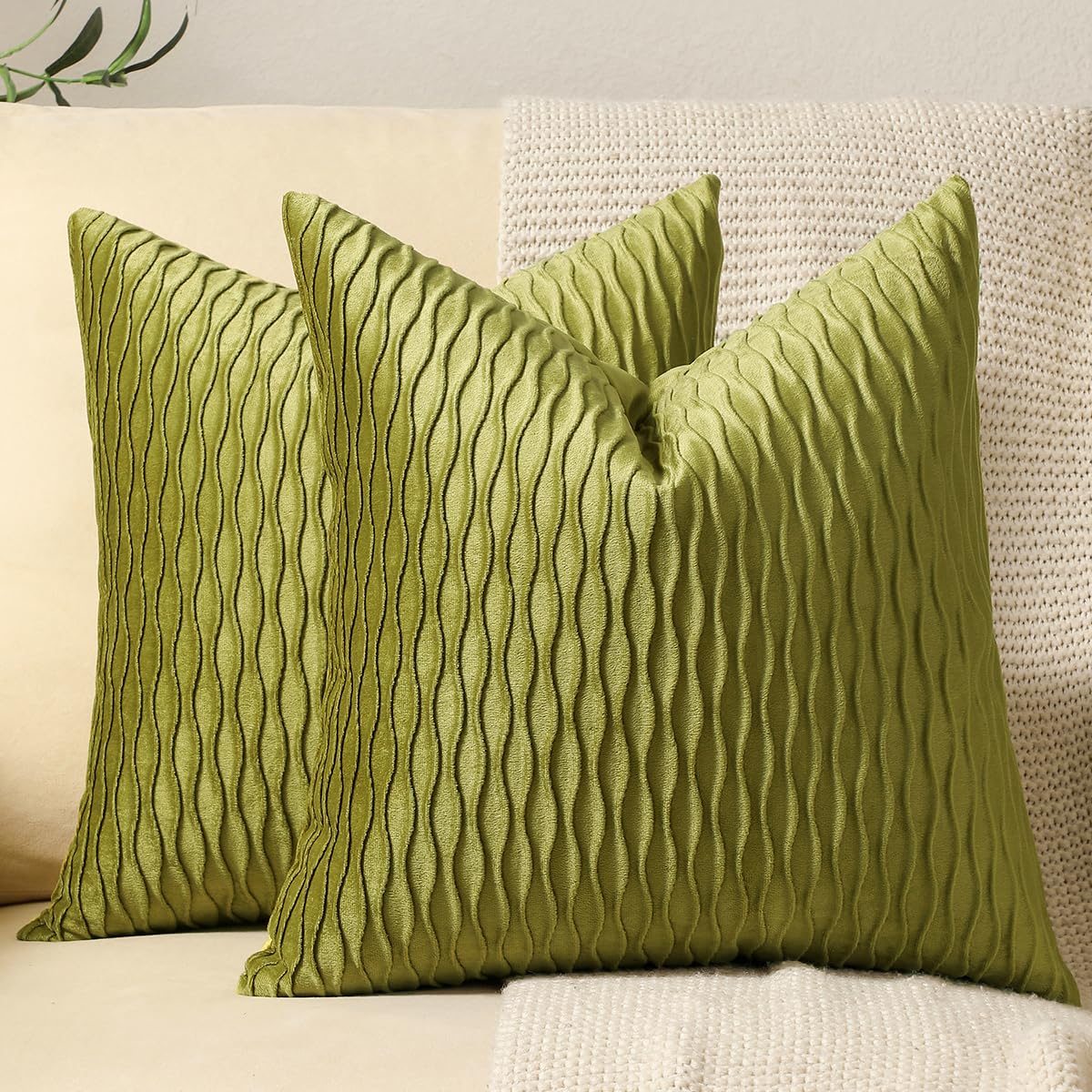 Dezene 16X16 Moss Green Throw Pillow Cases: 2 Pack Original Striped Velvet Square Decorative Pillow Covers For Farmhouse Couch