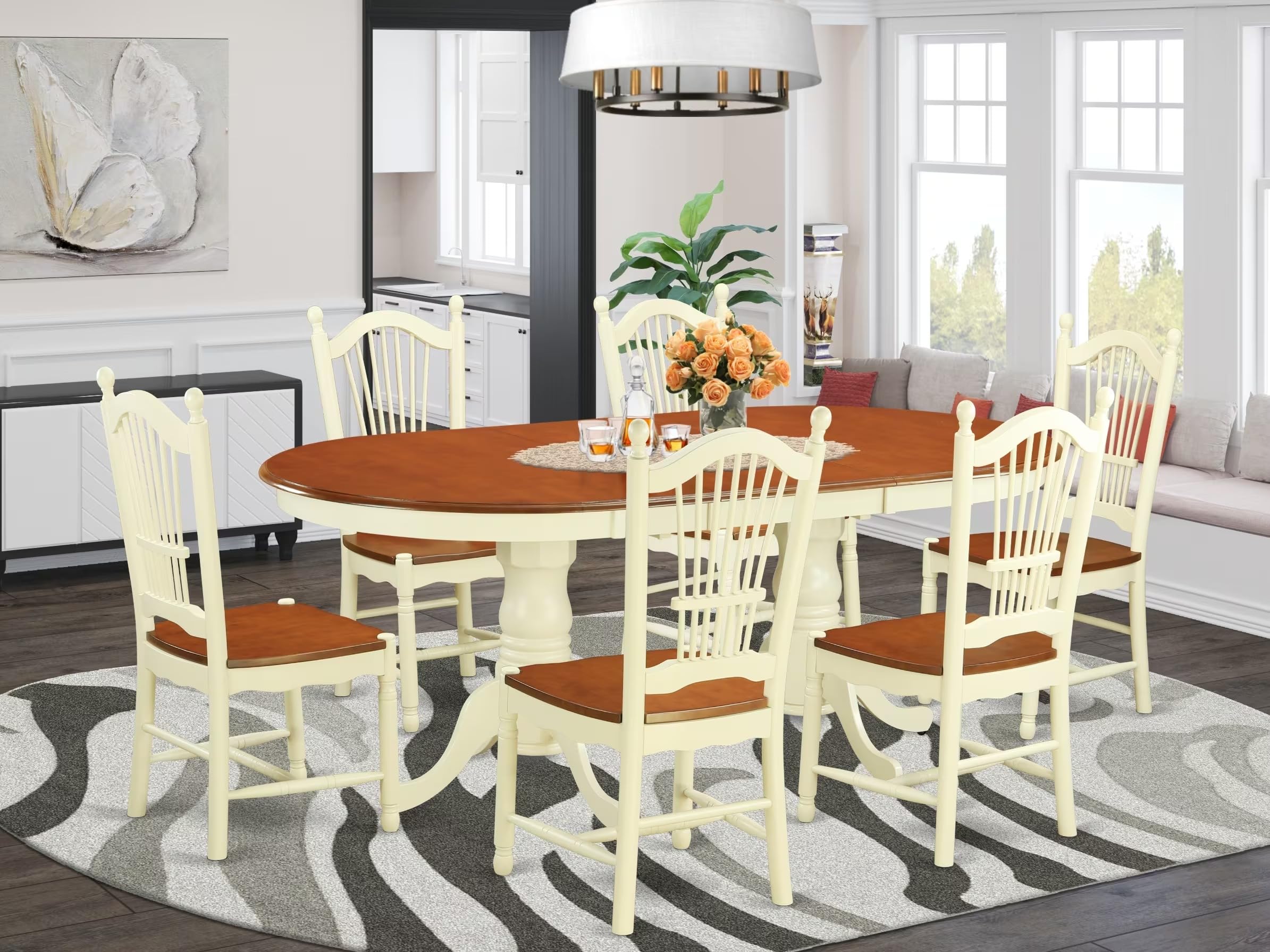 East West Furniture PLDO7-WHI-W 7 Piece Modern Dining Table Set Consist of an Oval Wooden Table with Butterfly Leaf and 6 Kitchen Dining Chairs, 42x78 Inch, Buttermilk & Cherry