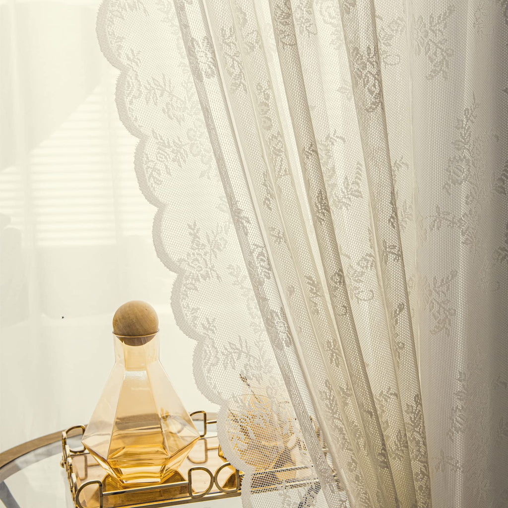 Deeprove Ivory Lace Curtains 96 Inches Long 2 Panels Set, Sheer Accent Florals Embroidery Vintage Window Panel Treatment Pair Dr