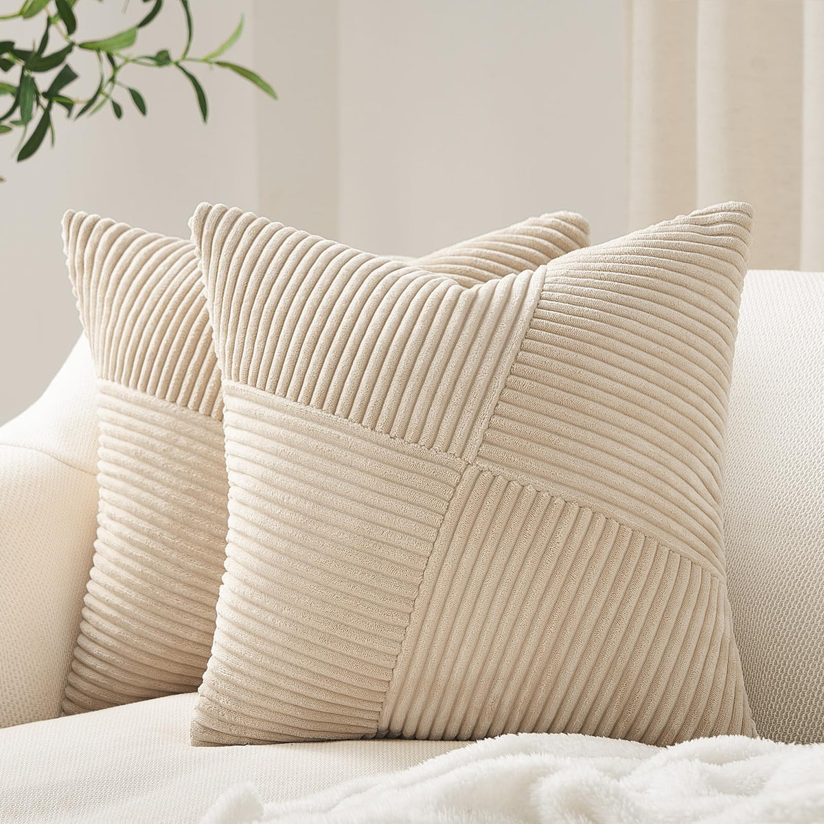 Topfinel Tan Decorative Throw Pillow Covers 18X18 Set Of 2 Windmill Textured Striped Patchwork Pillow Covers Soft Corduroy Squar